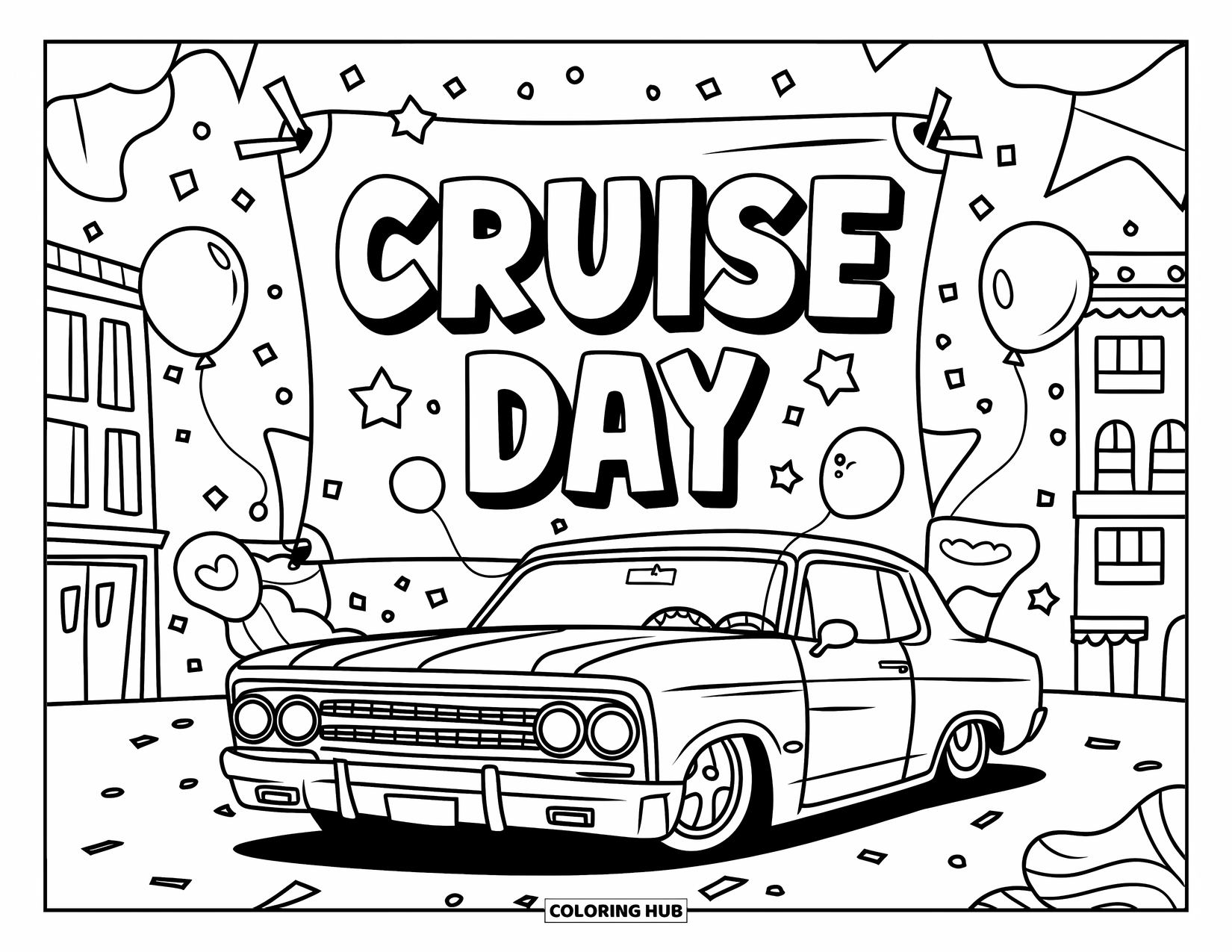 Lowrider Coloring Page for Adults: A friendly lowrider under a ìCruise Dayî banner with confetti