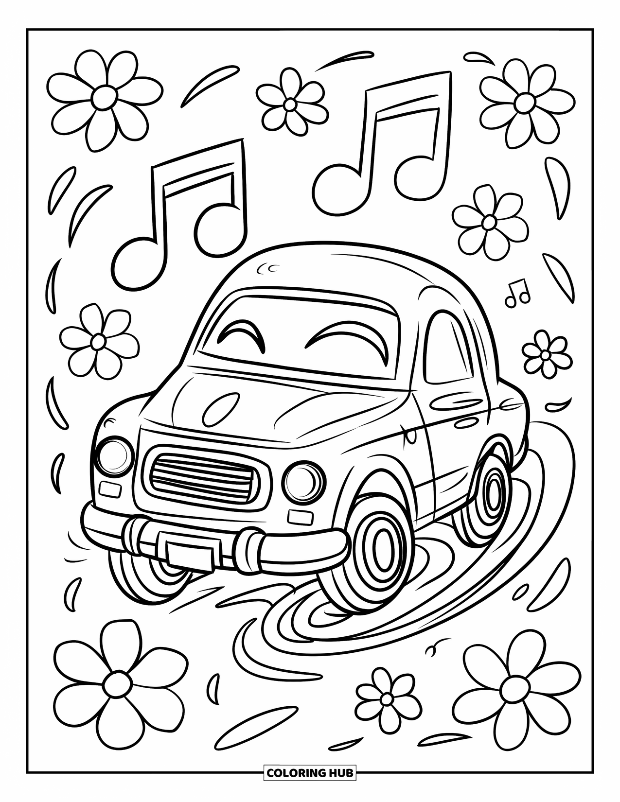 Lowrider Coloring Page for Adults: A happy lowrider dances with music and flowers in a cute style