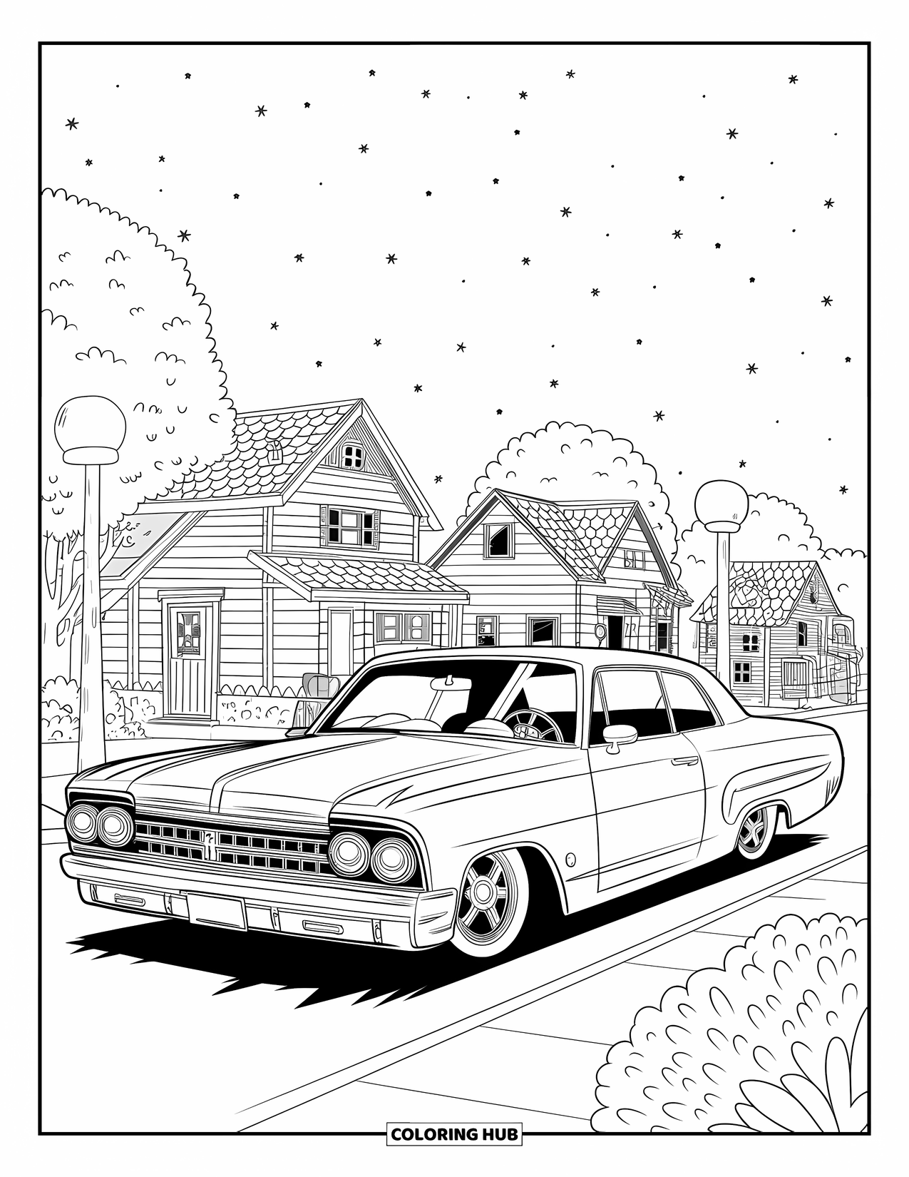 Lowrider Coloring Page for Adults: A playful lowrider smiles near small houses and lampposts