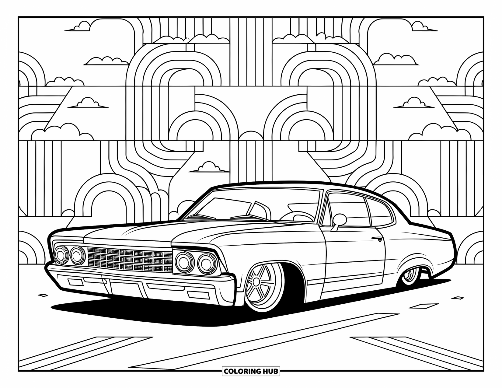 Lowrider Coloring Page for Adults: A retro lowrider parked among geometric patterns under a clear sky