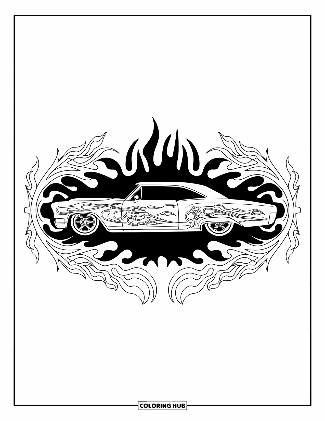 Lowrider Coloring Page for Adults: A side-view lowrider framed by flames, vines, and pinstripes