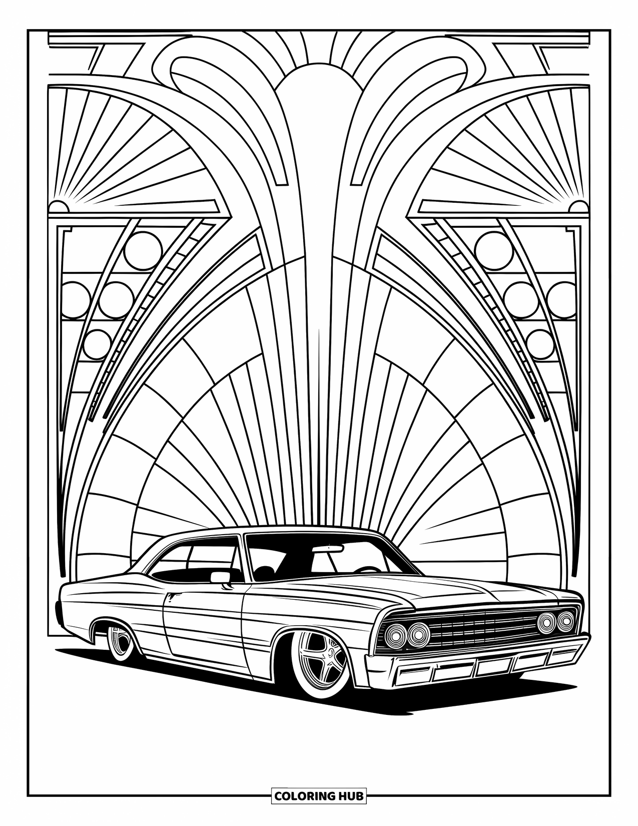 Lowrider Coloring Page for Adults: A sleek lowrider set against geometric art deco shapes and lines