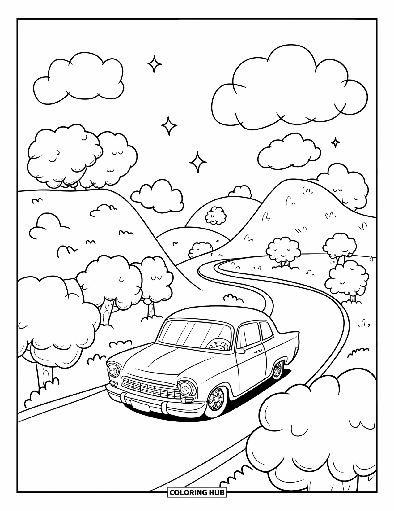 Lowrider Coloring Page for Adults: A small lowrider travels a winding path through soft hills
