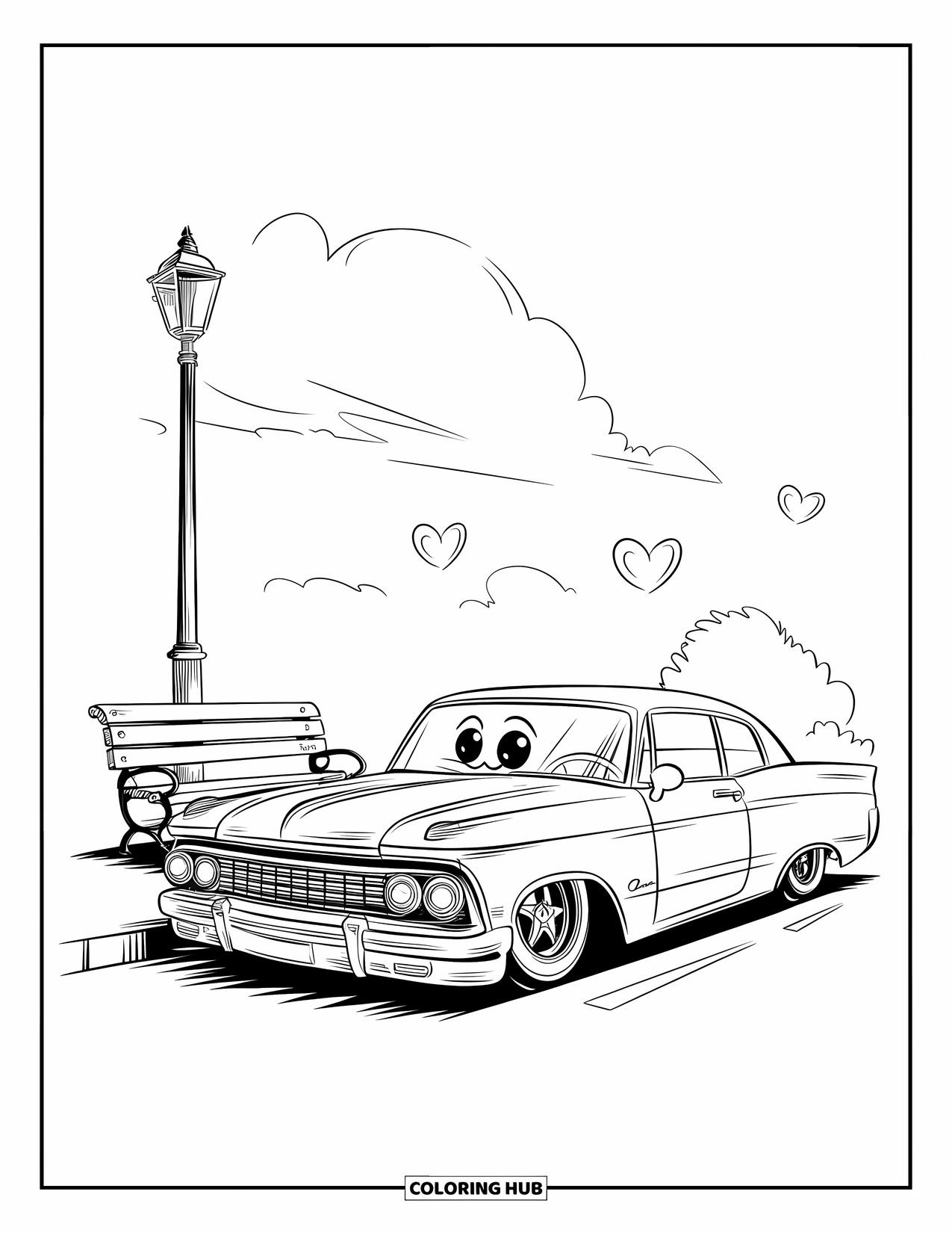 Lowrider Coloring Page for Adults: A smiling lowrider with hearts floating near a cozy bench
