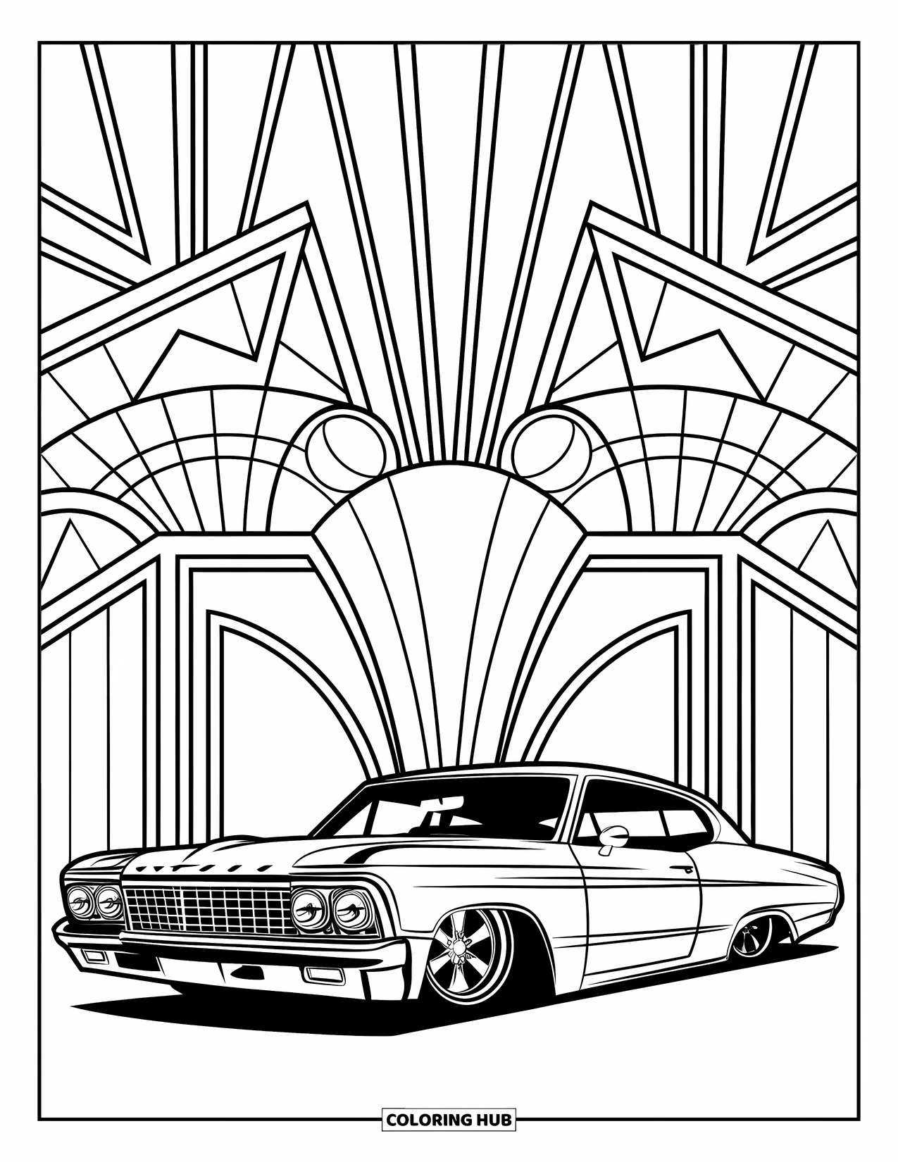 Lowrider Coloring Page for Adults: A stylish lowrider framed by bold art deco shapes and patterns