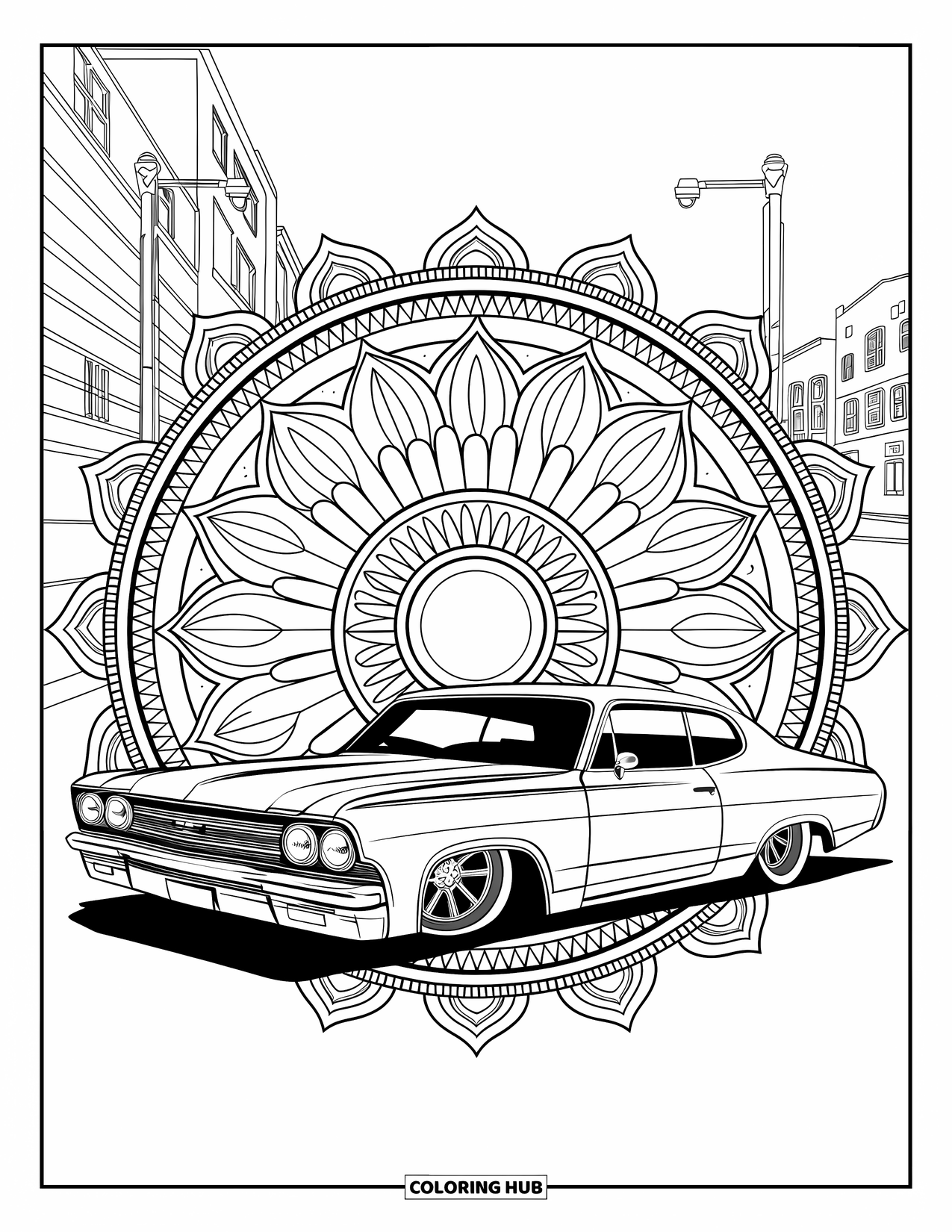 Lowrider Coloring Page for Adults: A stylish lowrider framed by circular mandala and pinstripe details