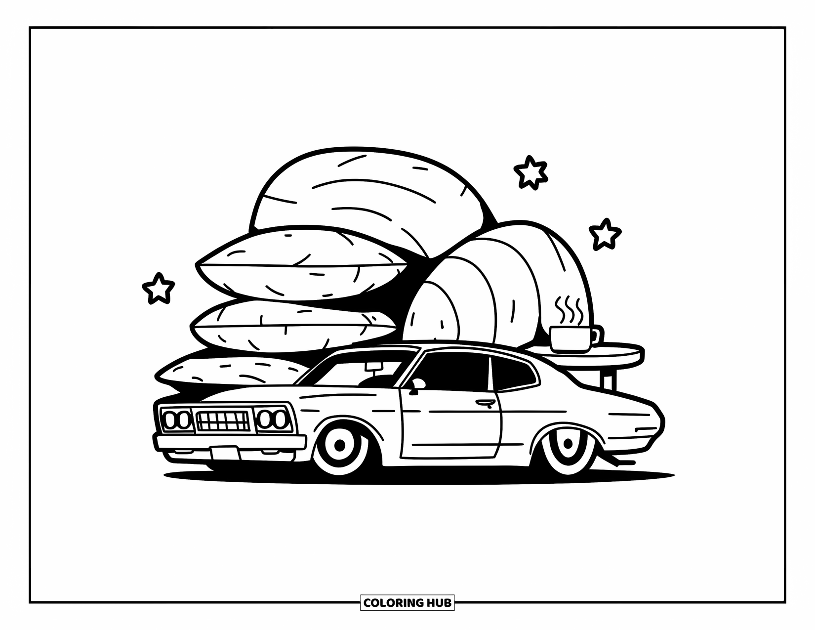 Lowrider Coloring Page for Adults: A sweet lowrider beside soft pillows and a warm drink