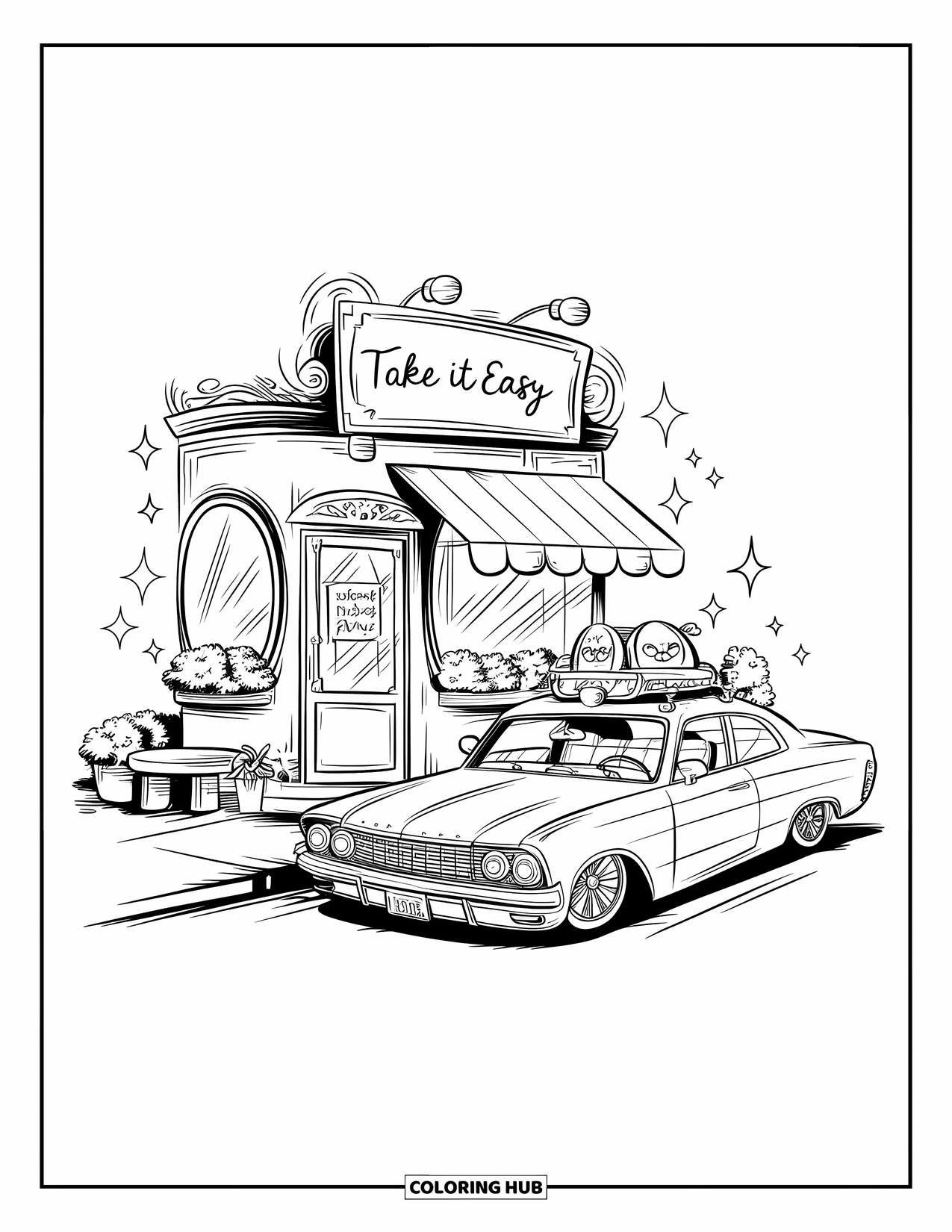 Lowrider Coloring Page for Adults: A sweet lowrider parked near a cafÈ with cozy details