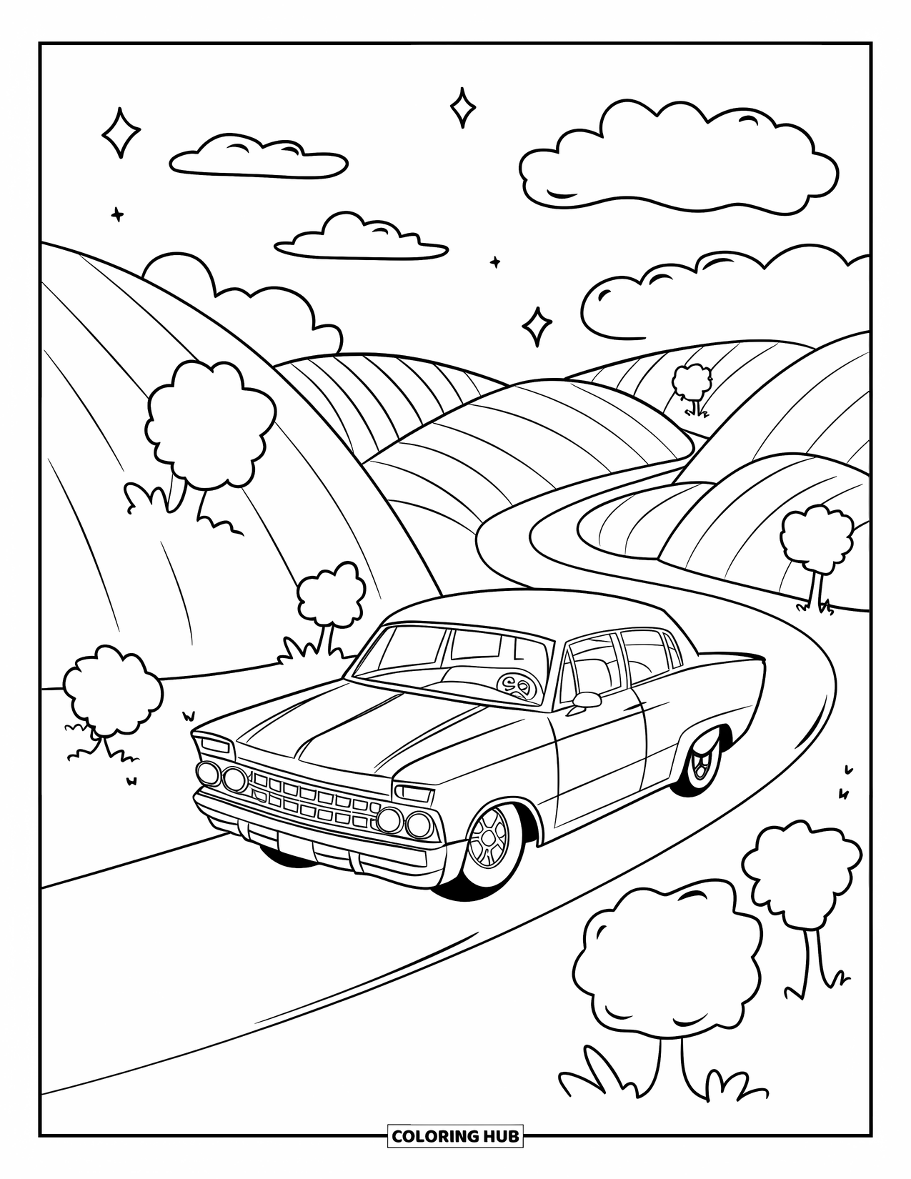 Lowrider Coloring Page for Adults: A tiny lowrider drives along hills with clouds and sparkles