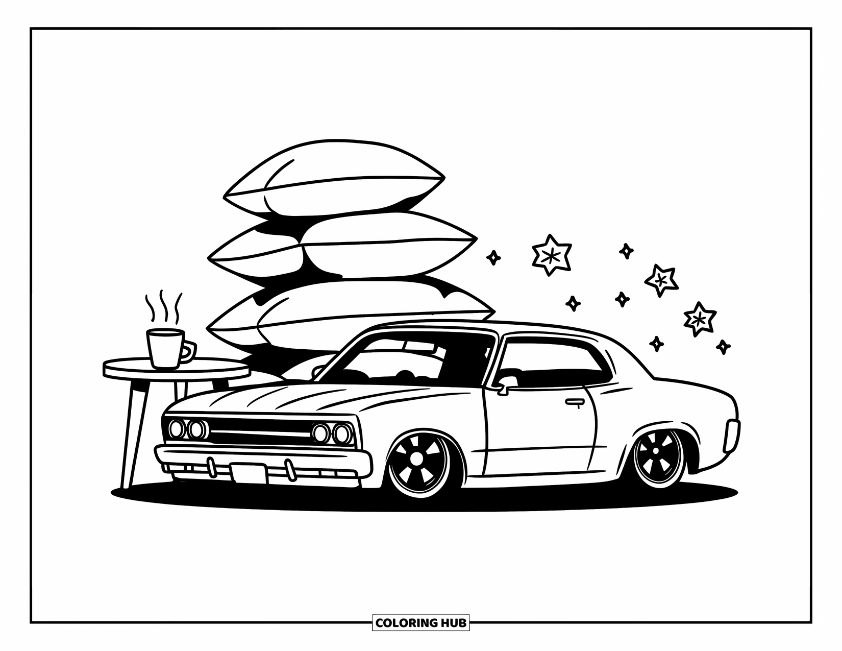 Lowrider Coloring Page for Adults: A tiny lowrider rests near pillows and a steaming cup