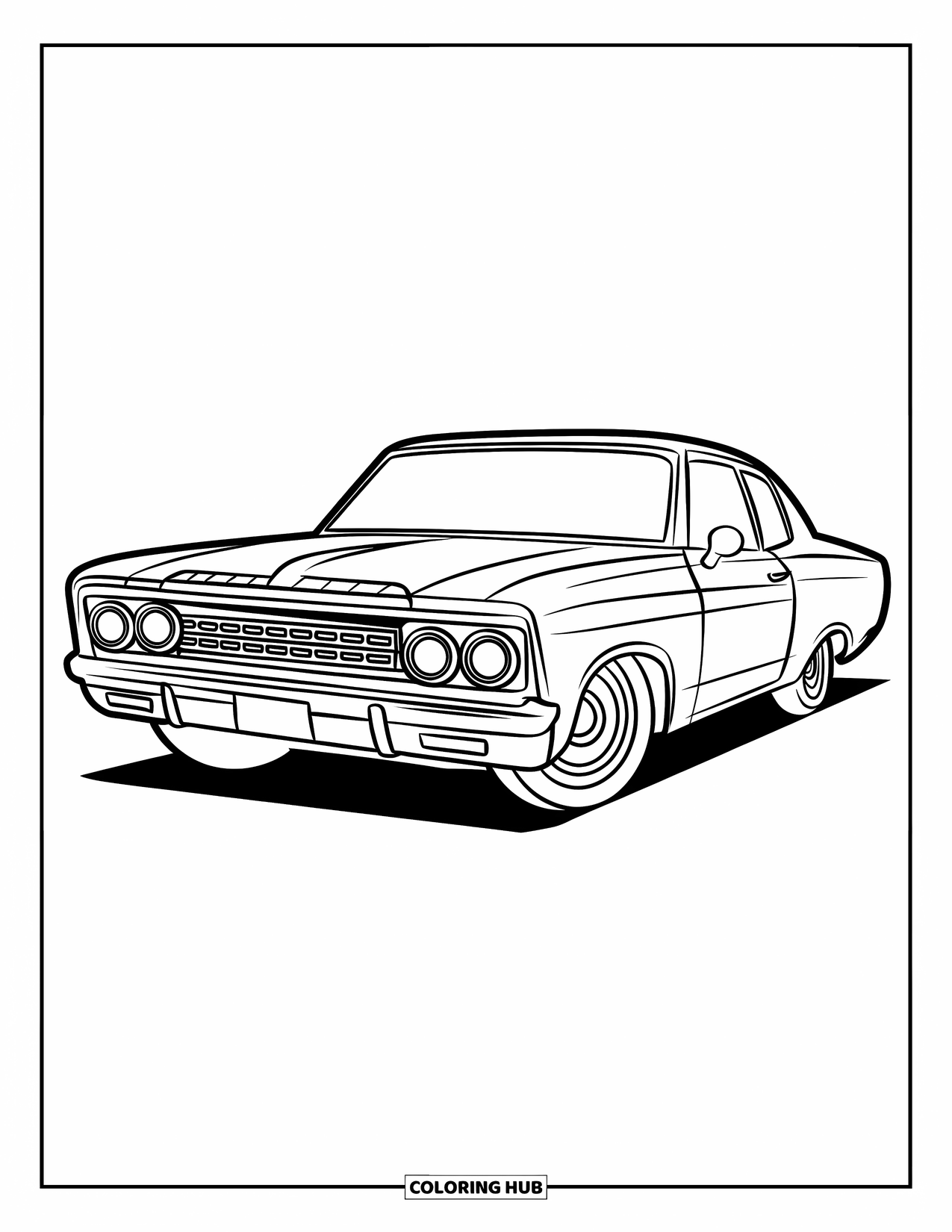 Lowrider Coloring Page for Kids: A cheerful lowrider with big headlights and an easy design