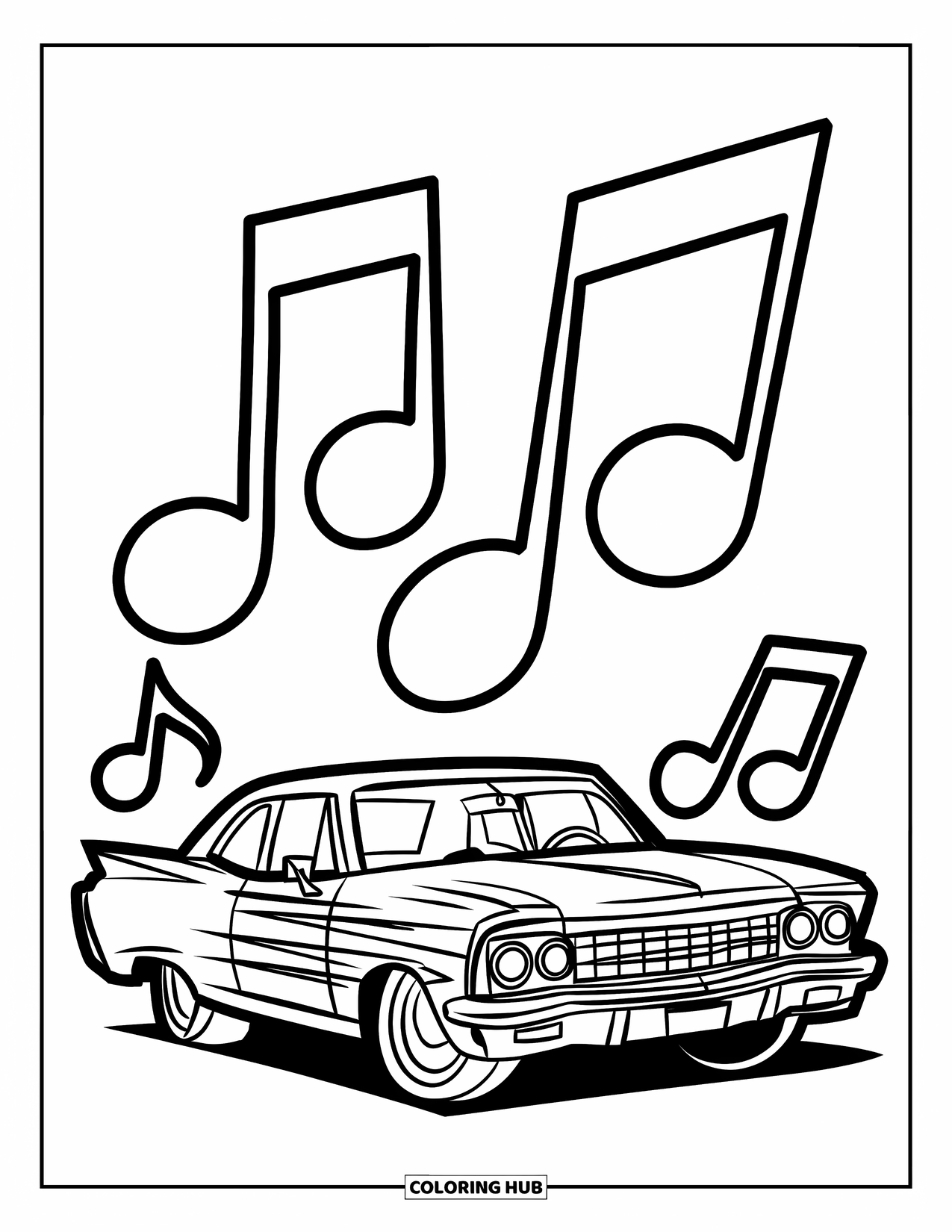 Lowrider Coloring Page for Kids: A cheerful lowrider with music notes floating nearby