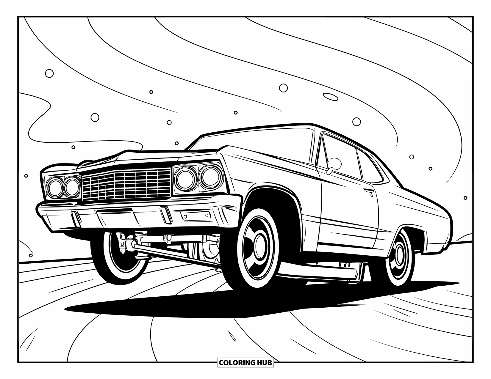 Lowrider Coloring Page for Kids: A classic lowrider car lifts its front wheels in motion