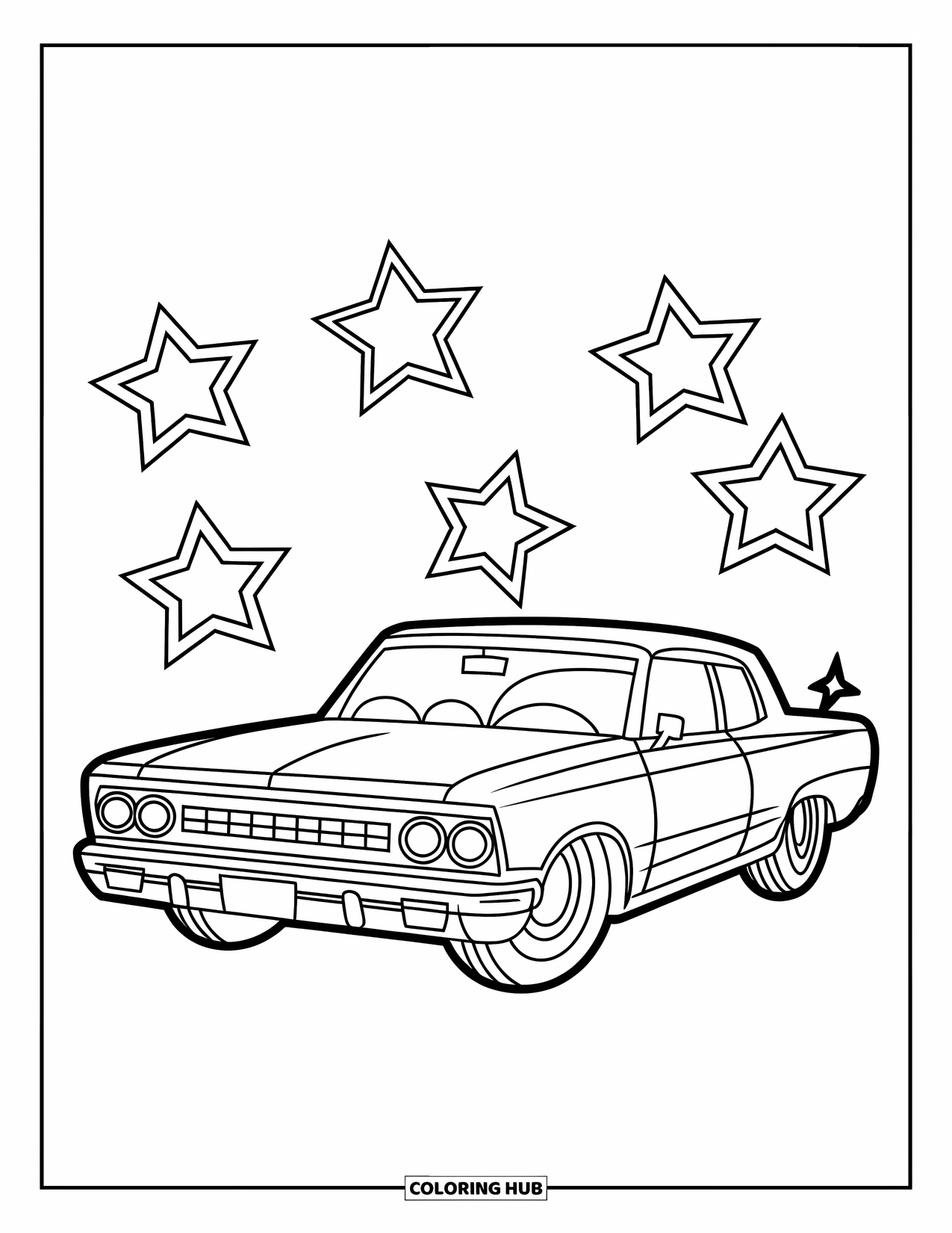 Lowrider Coloring Page for Kids: A cute lowrider surrounded by stars in a cheerful scene