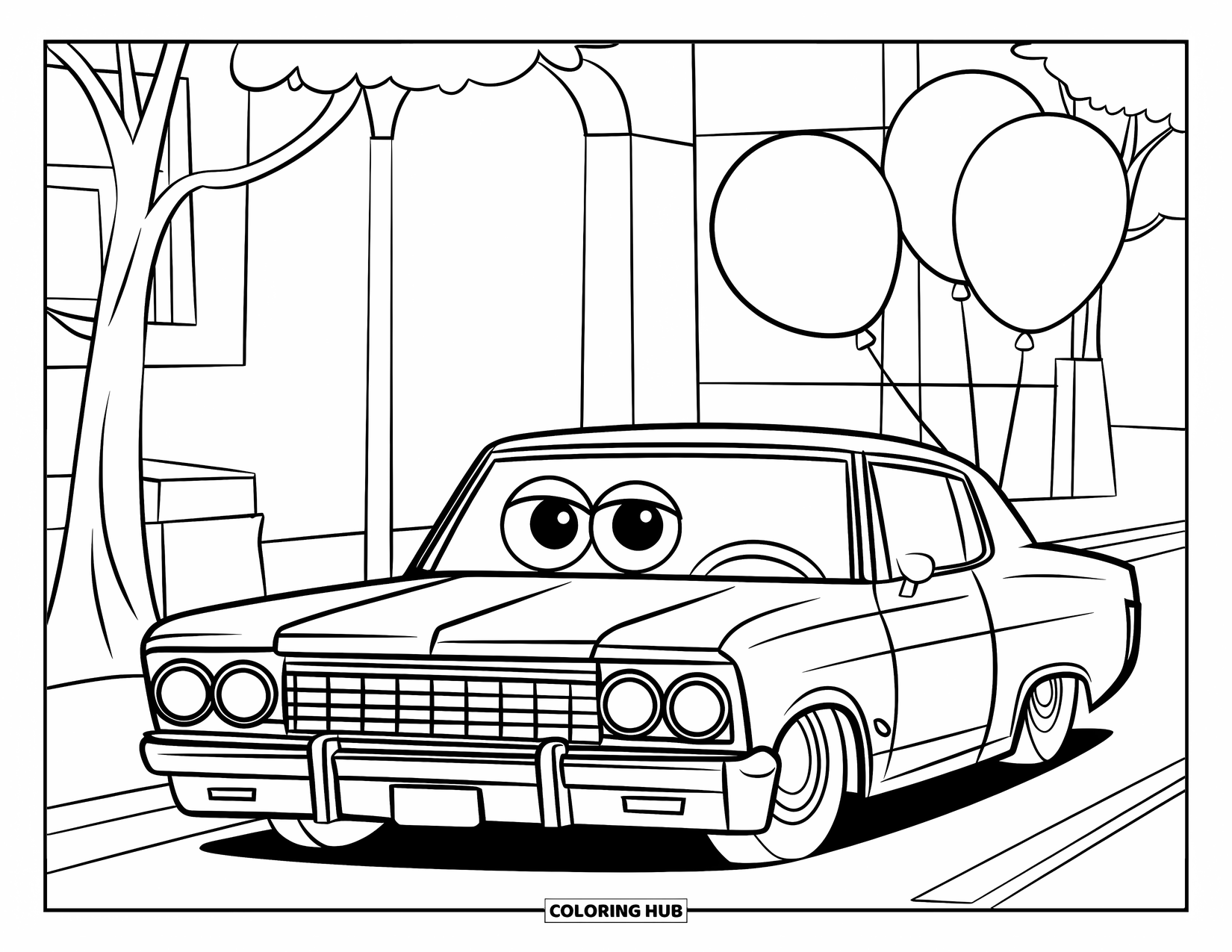 Lowrider Coloring Page for Kids: A cute lowrider with big eyes and balloons tied to the back