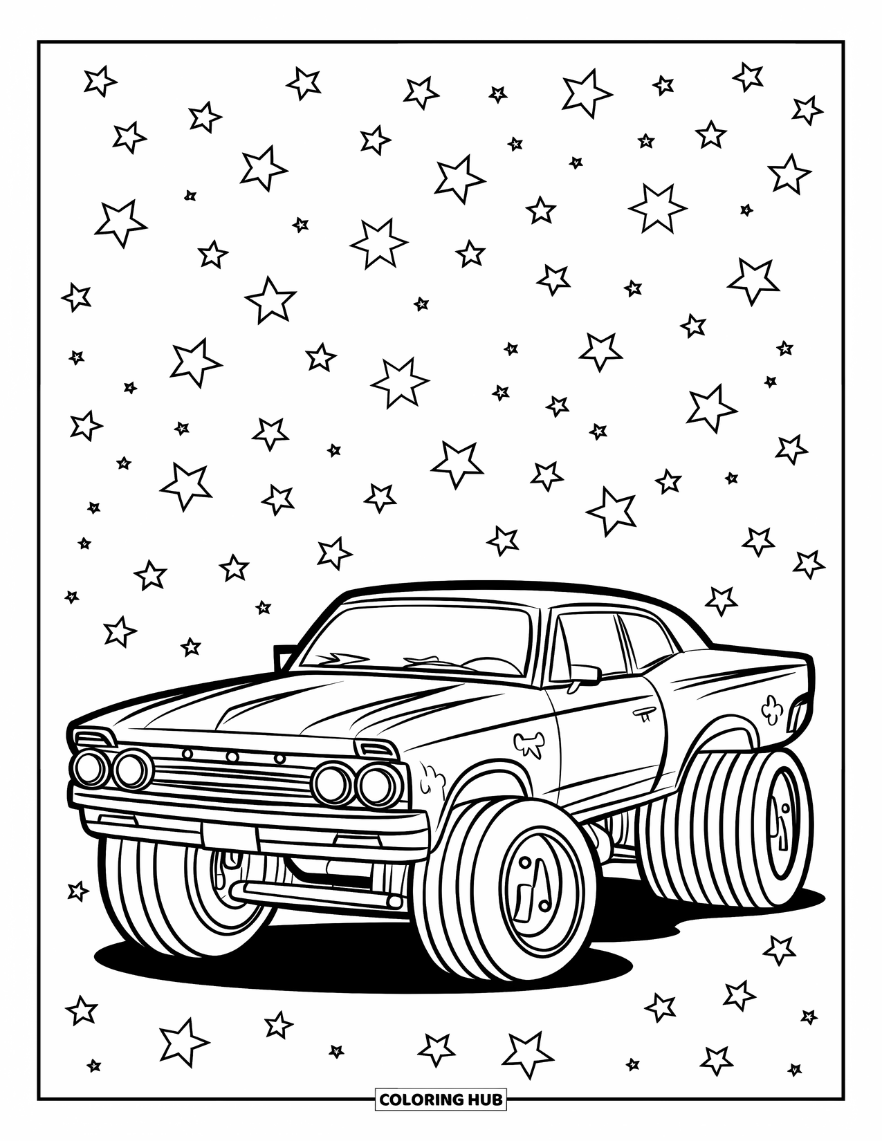 Lowrider Coloring Page for Kids: A detailed lowrider with large wheels under a starry night sky