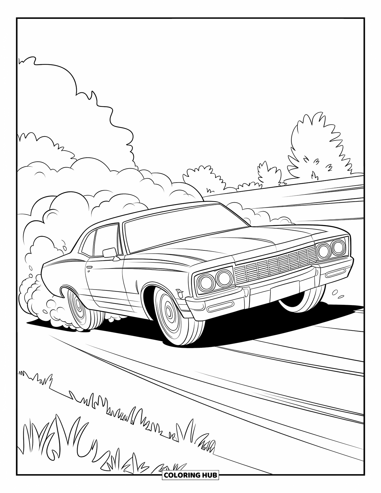 Lowrider Coloring Page for Kids: A lowrider jumps slightly, surrounded by dust and motion lines
