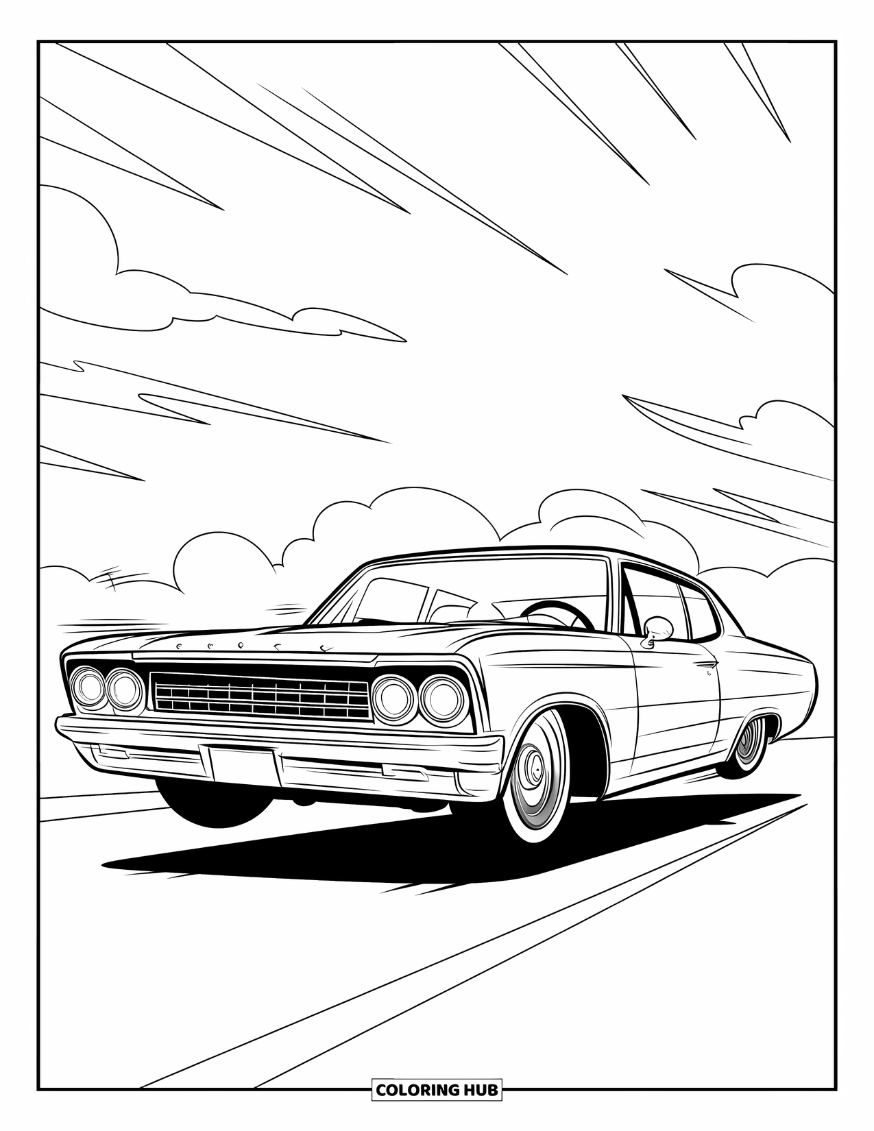 Lowrider Coloring Page for Kids: A lowrider lifts off the ground with stylized motion lines