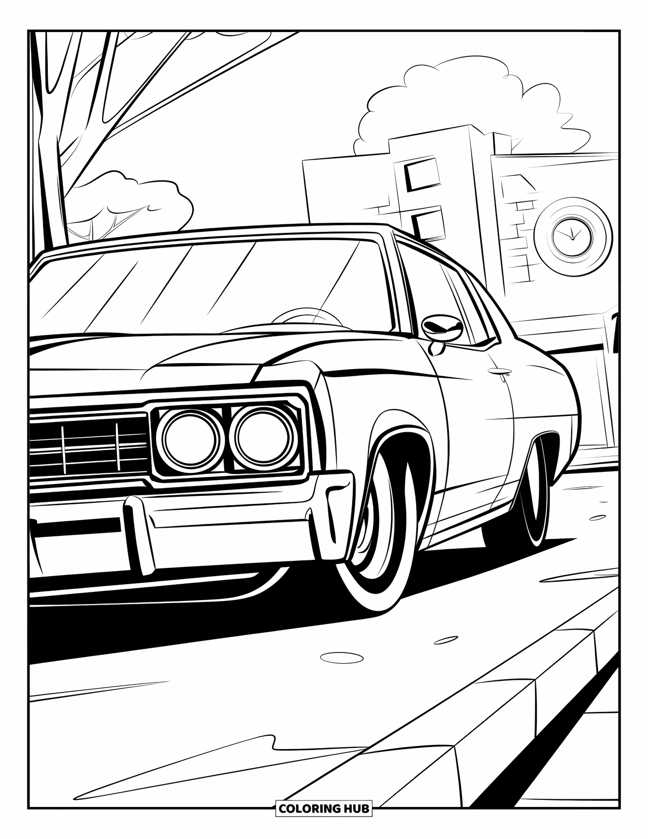 Lowrider Coloring Page for Kids: A lowrider with big headlights parked near trees and a clock tower