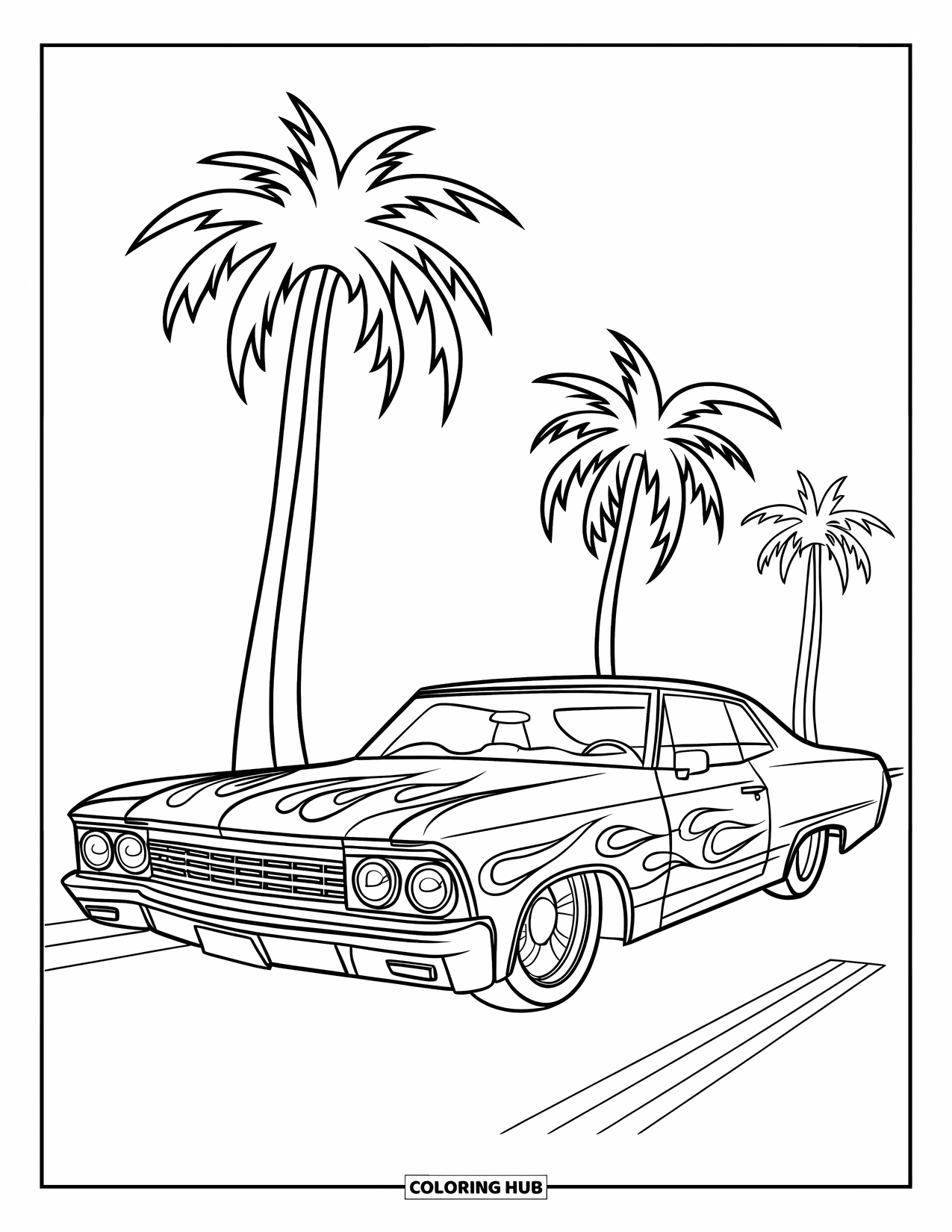 Lowrider Coloring Page for Kids: A lowrider with flame patterns parked near palm trees