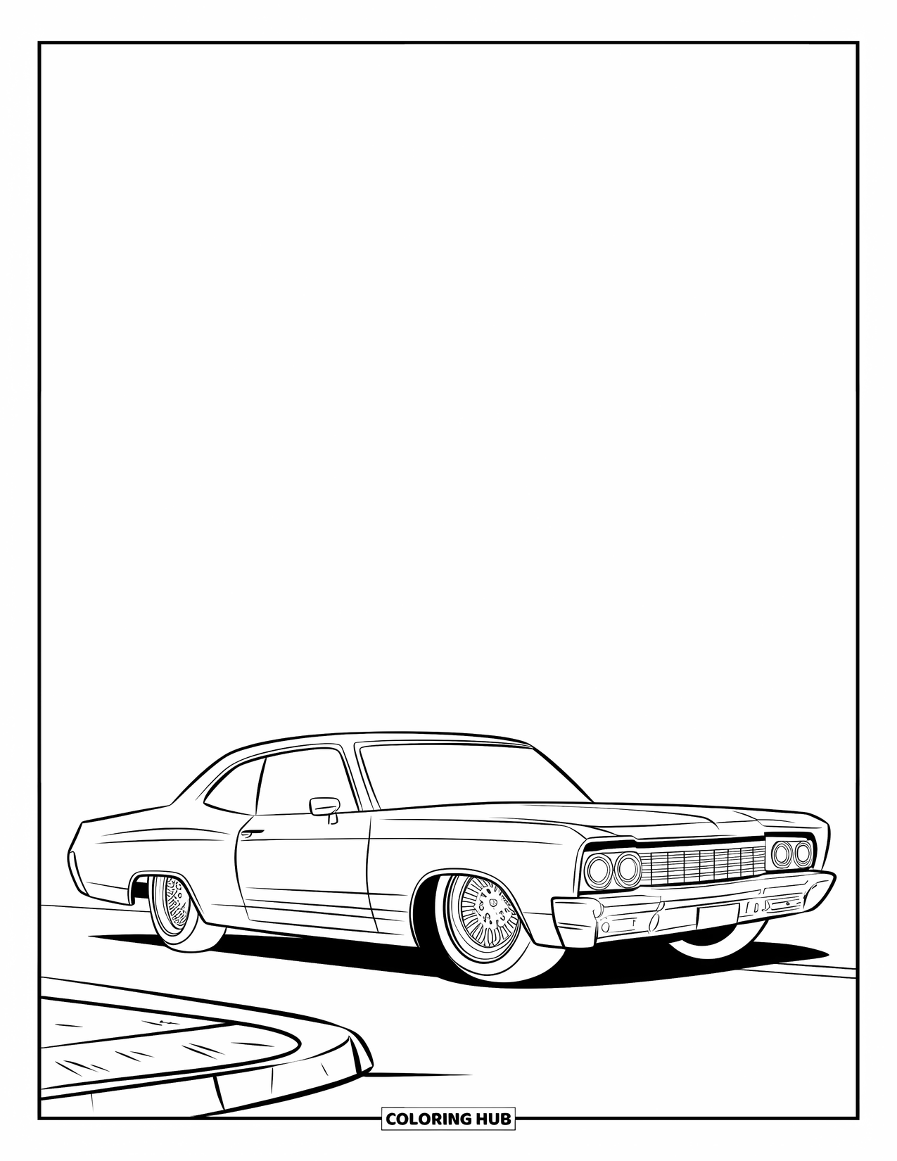 Lowrider Coloring Page for Kids: A lowrider with spoke wheels parked quietly along the curb