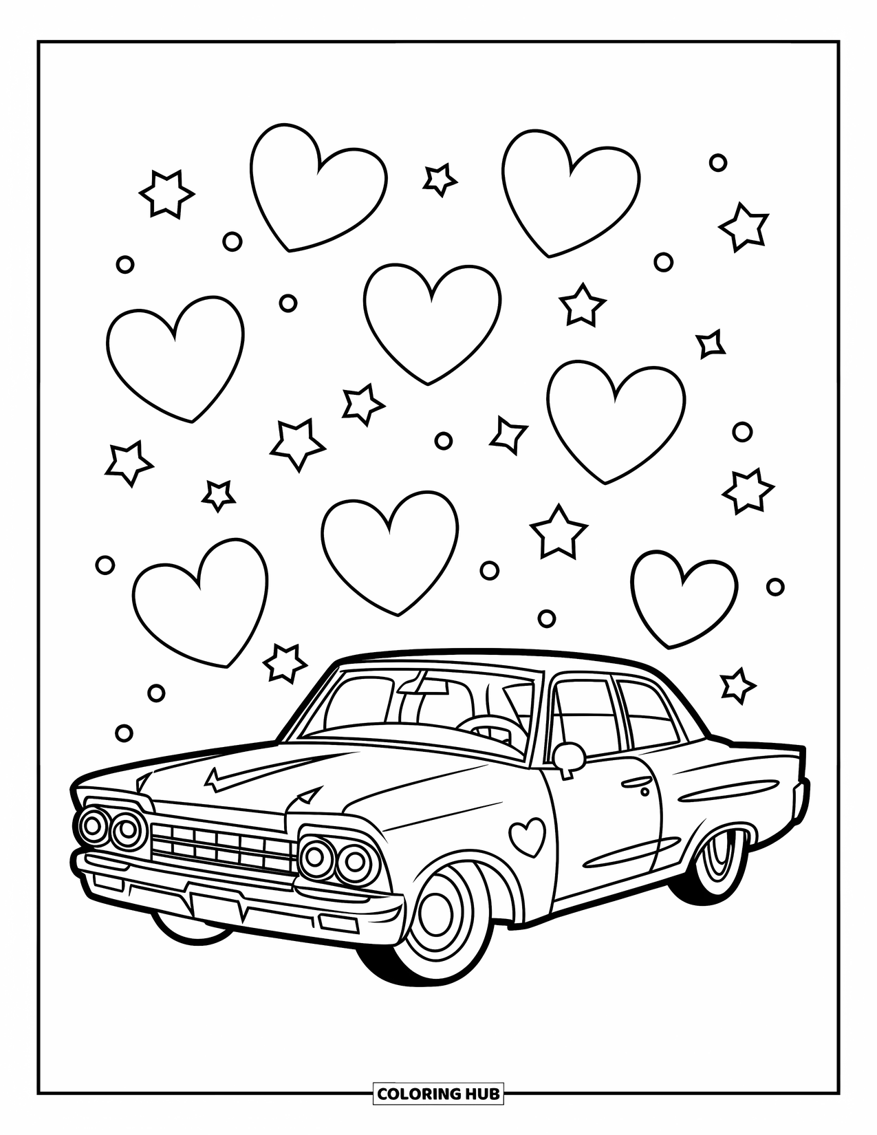 Lowrider Coloring Page for Kids: A playful lowrider with hearts and stars in the background