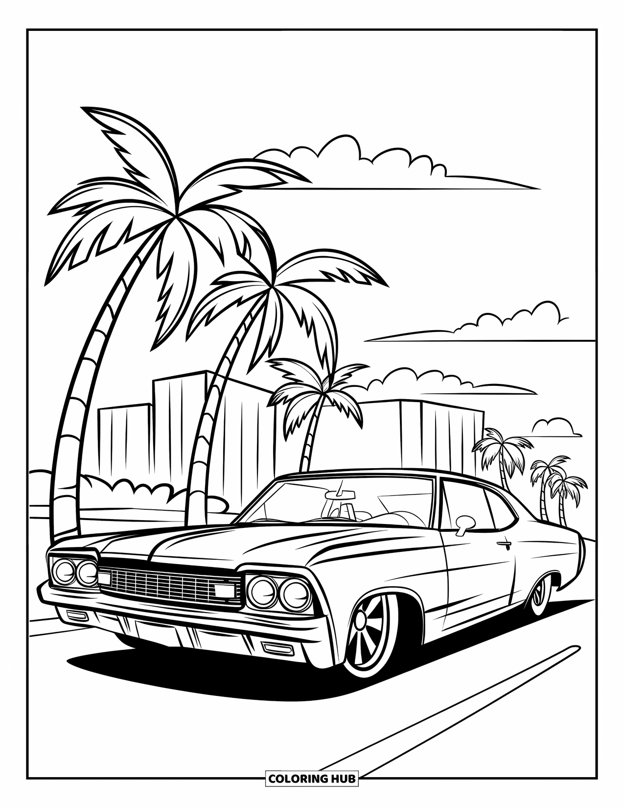 Lowrider Coloring Page for Kids: A shiny lowrider drives by palm trees under a bright sky