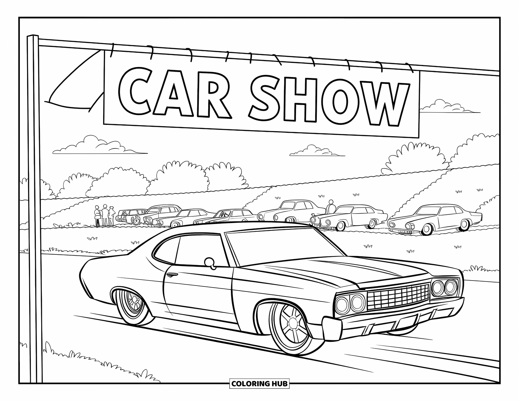 Lowrider Coloring Page for Kids: A shiny lowrider passes under a ìCar Showî banner at a lively meet