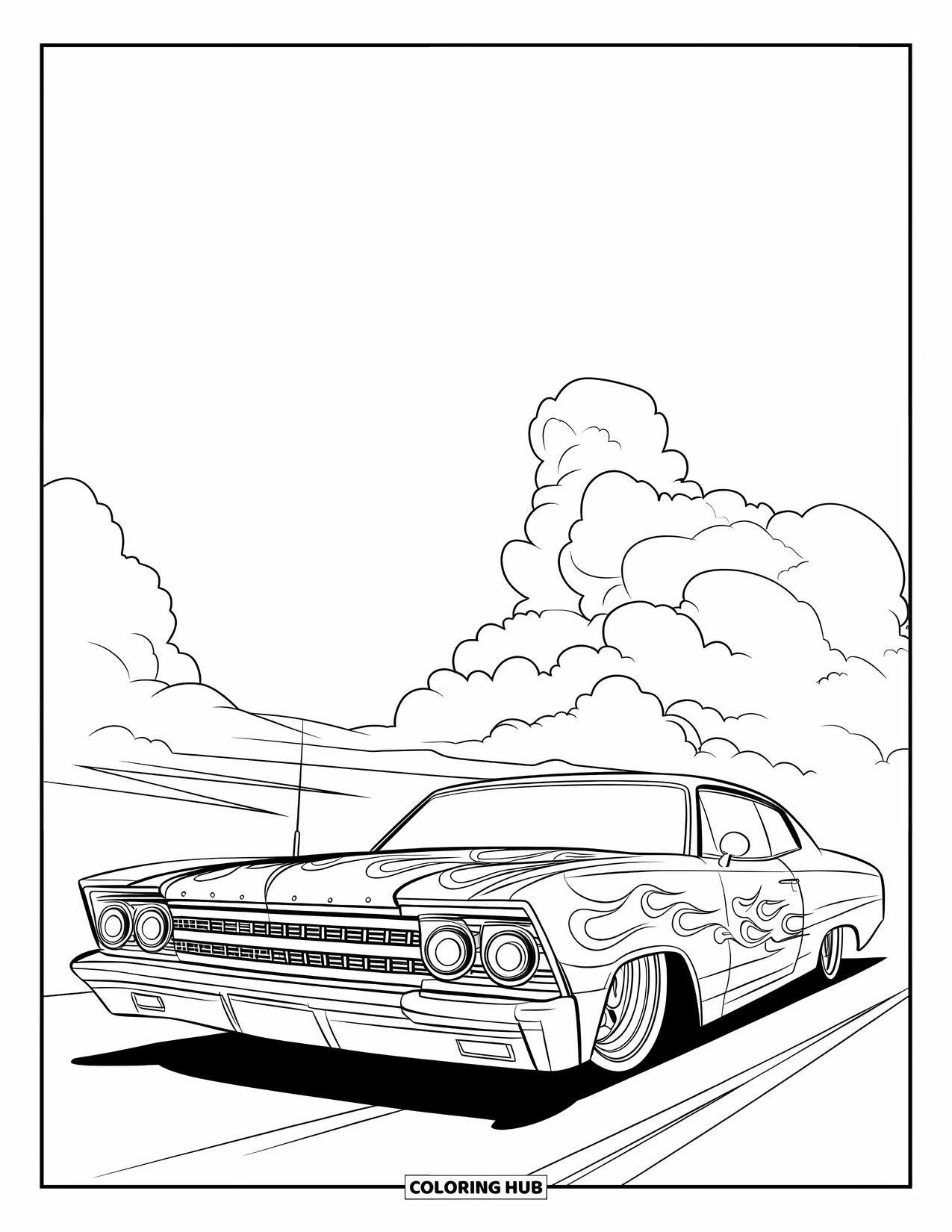 Lowrider Coloring Page for Kids: A shiny lowrider with flame patterns under a clear sky