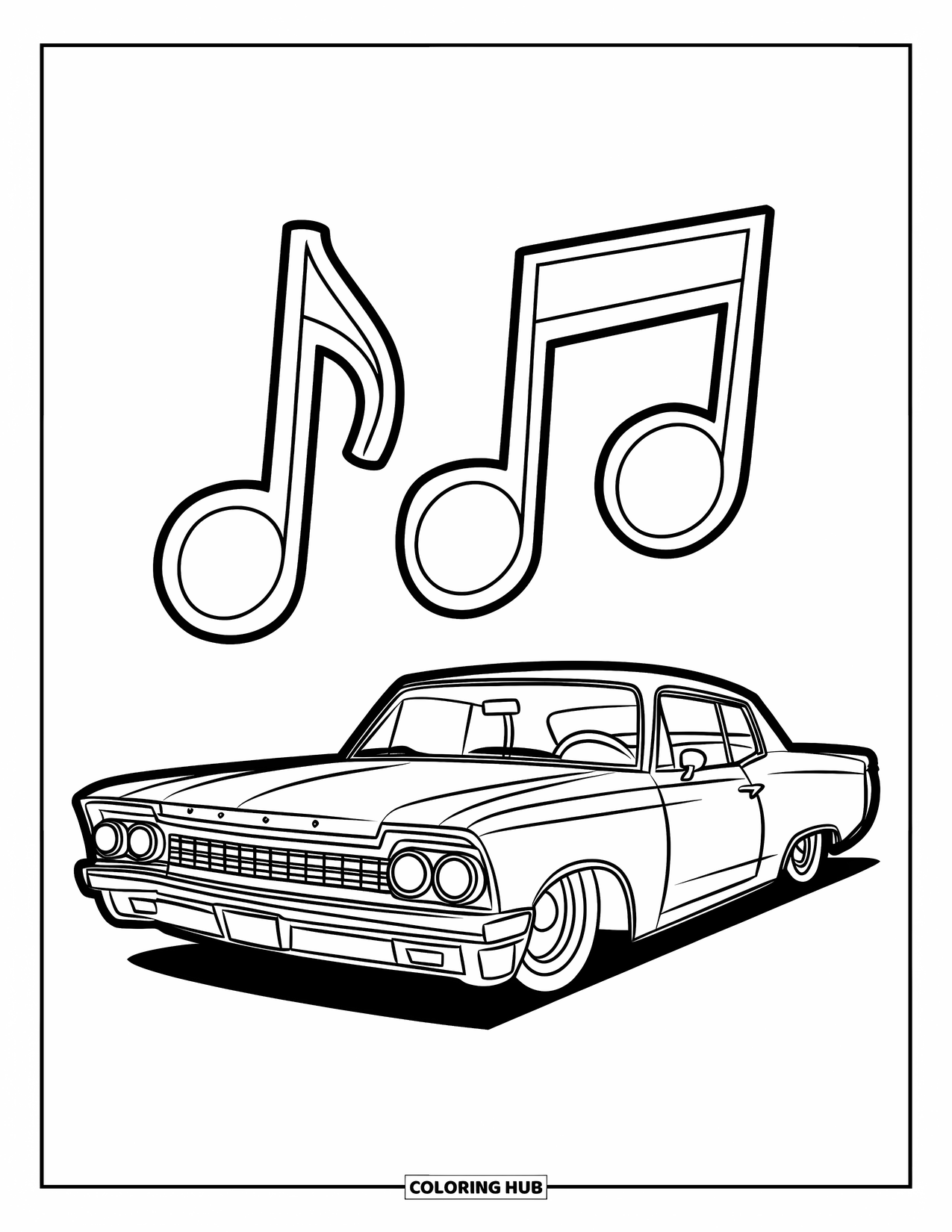 Lowrider Coloring Page for Kids: A simple lowrider with music notes floating happily nearby