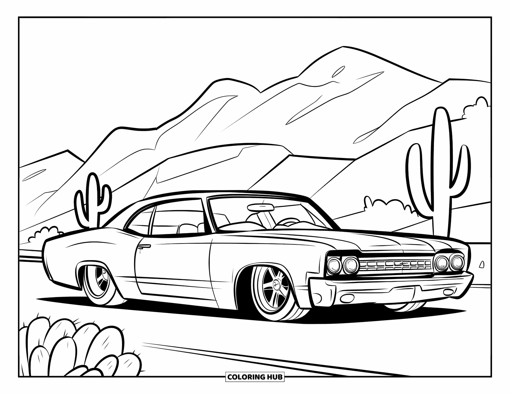 Lowrider Coloring Page for Kids: A sleek lowrider cruising near mountains and desert cacti