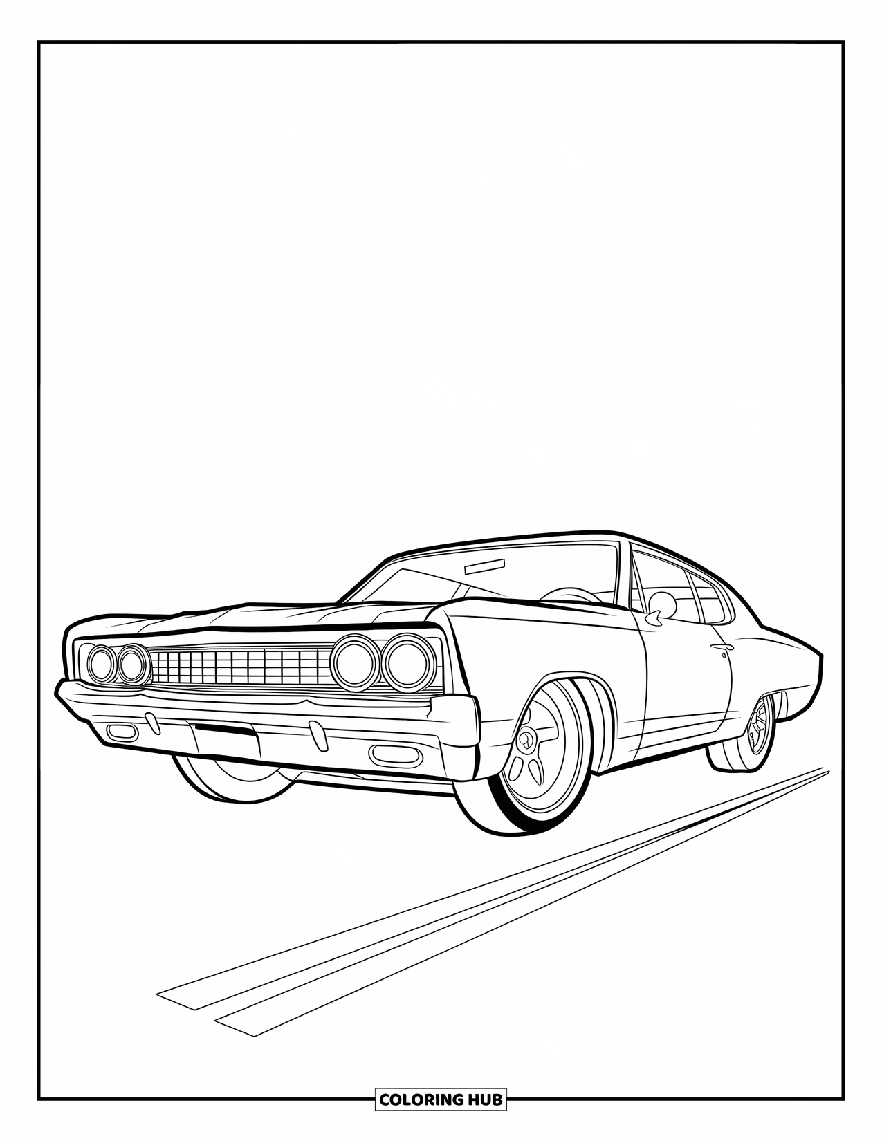 Lowrider Coloring Page for Kids: A sleek lowrider with round headlights parked on a street