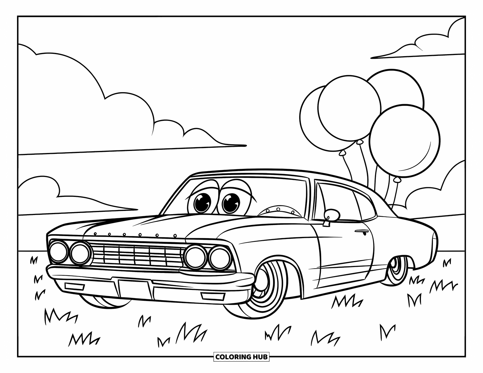 Lowrider Coloring Page for Kids: A smiling lowrider with balloons parked under a clear sky