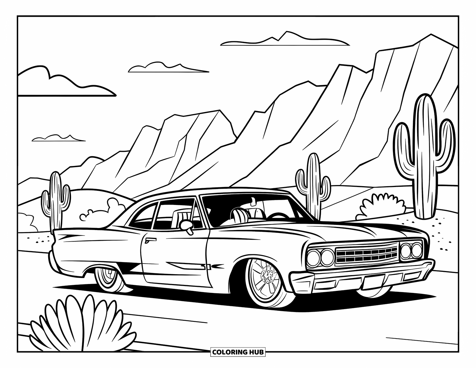 Lowrider Coloring Page for Kids: A stylish lowrider parked near desert mountains and cacti