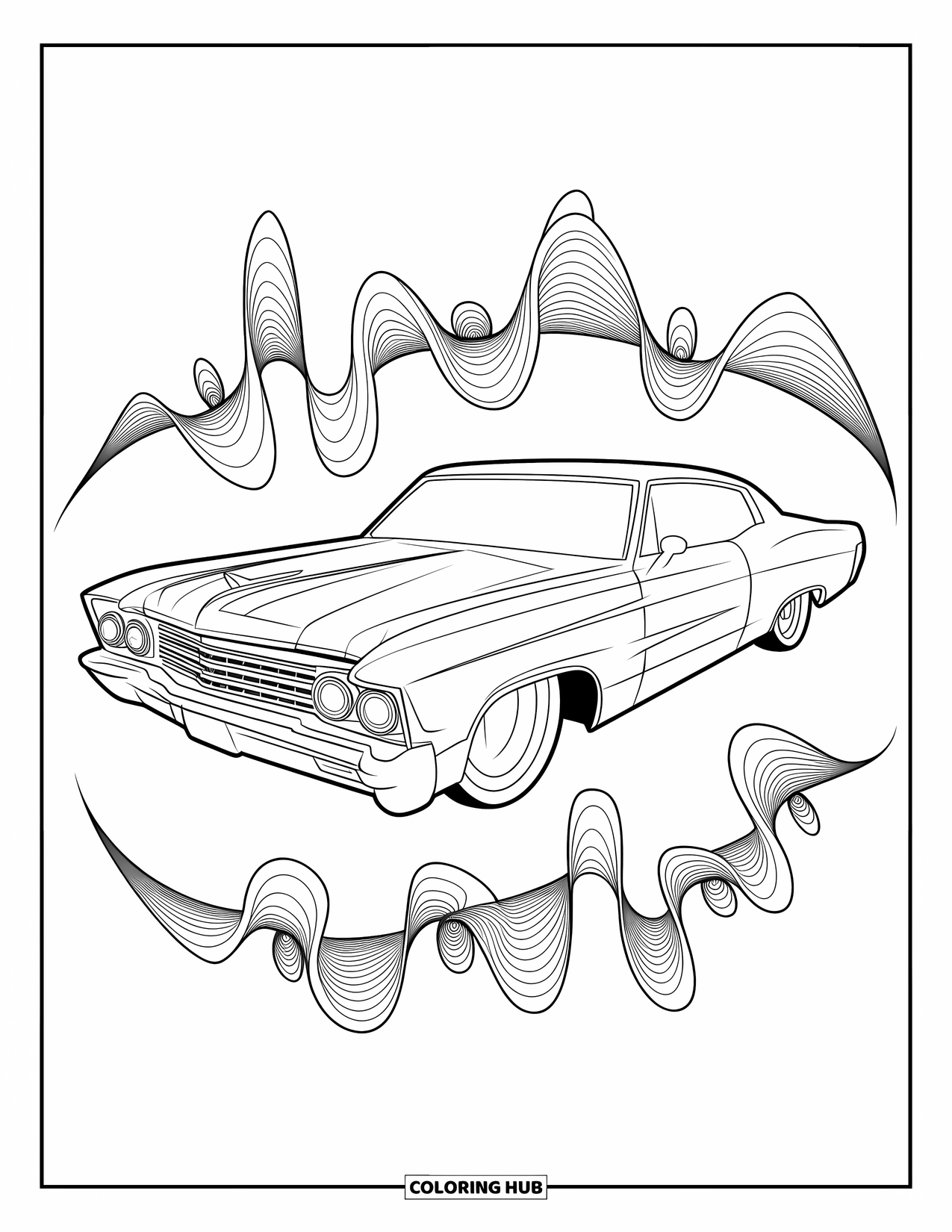 Lowrider Coloring Page for Kids: A stylish lowrider surrounded by abstract music wave patterns
