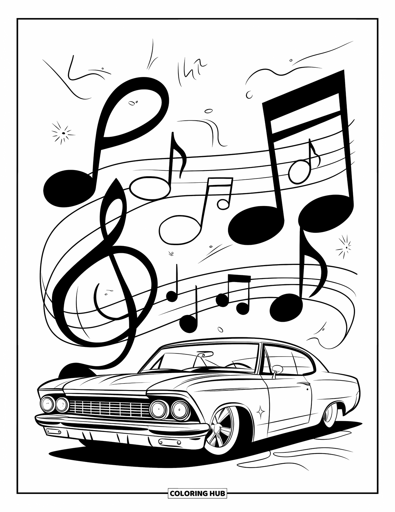 Lowrider Coloring Page for Kids: A vintage lowrider parked among swirling musical notes