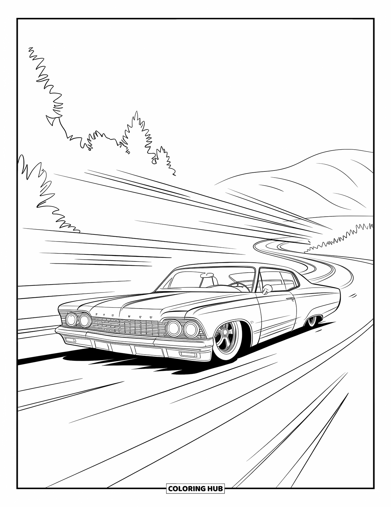 Lowrider Coloring Page for Kids: A vintage lowrider speeds along a curvy road with reflections
