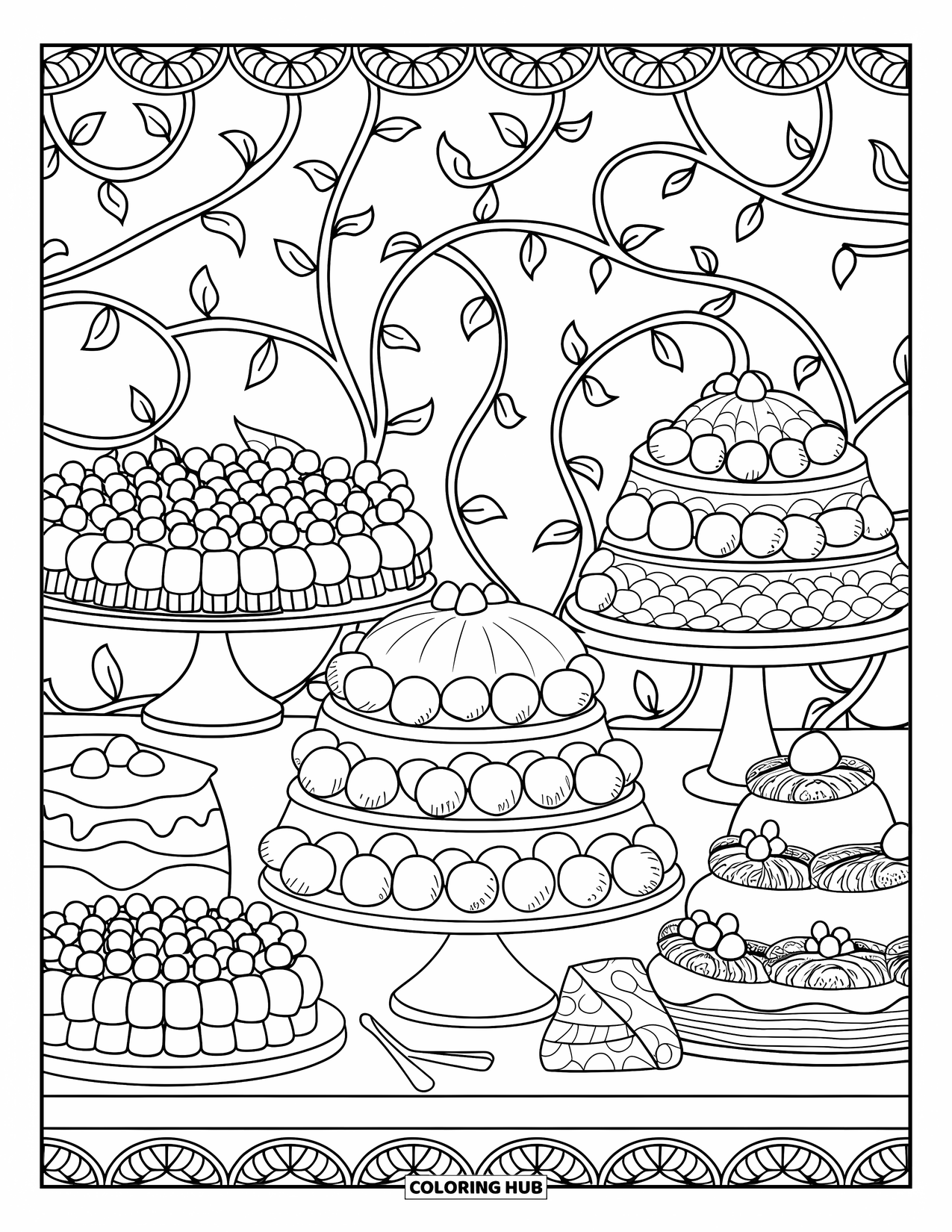 Marshmallow Coloring Page for Adults: A dessert buffet filled with marshmallow pastries and layered cakes