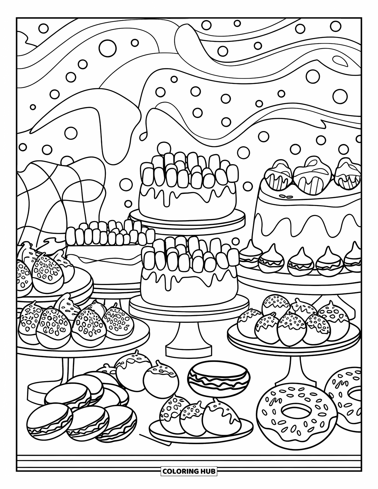 Marshmallow Coloring Page for Adults: A dessert table with marshmallow pastries, macarons, and donuts