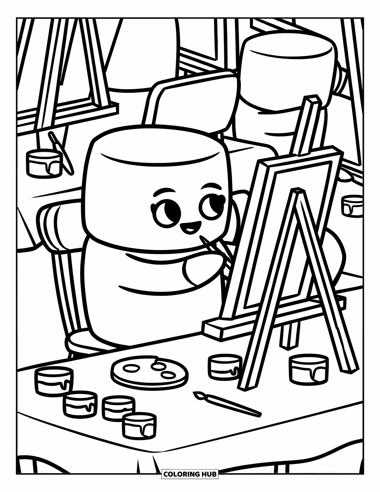 Marshmallow Coloring Page for Adults: A marshmallow artist paints at a table surrounded by brushes and jars