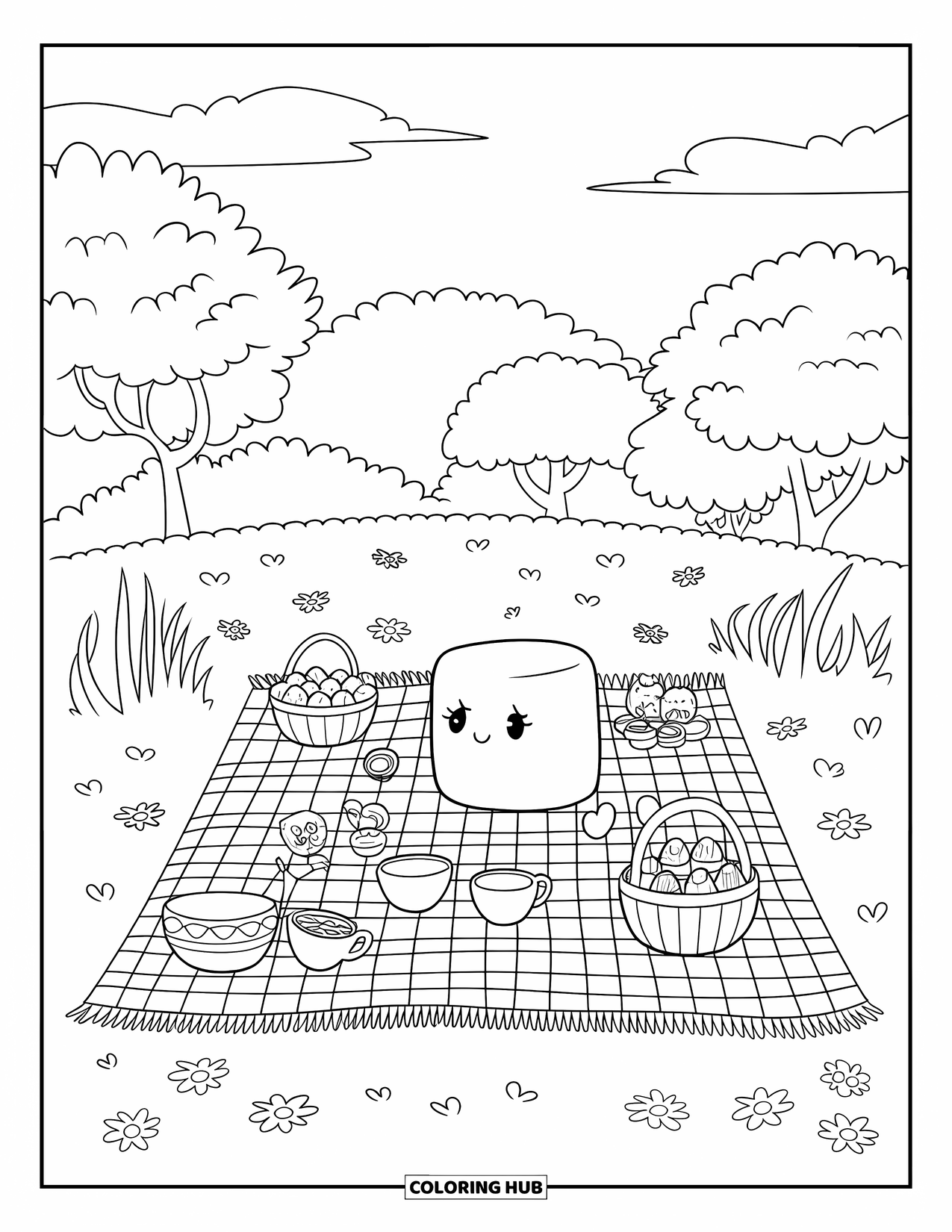Marshmallow Coloring Page for Adults: A peaceful picnic with marshmallow friends beneath a calm, sunny sky