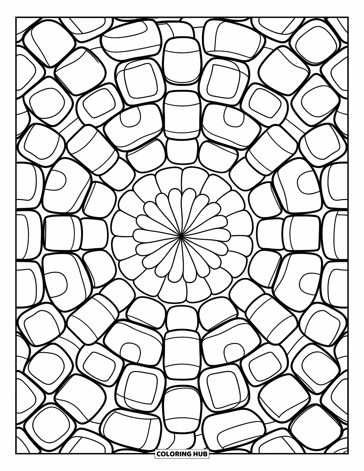 Marshmallow Coloring Page for Adults: A relaxing circular pattern of marshmallows forming a flower-like design