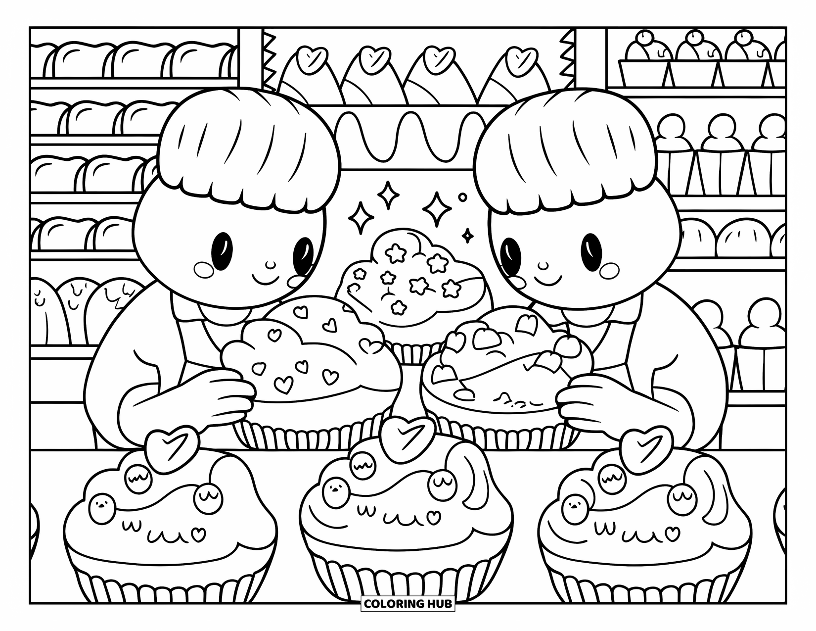 Marshmallow Coloring Page for Adults: Marshmallow bakers decorate cupcakes in a cozy bakery filled with sweet treats