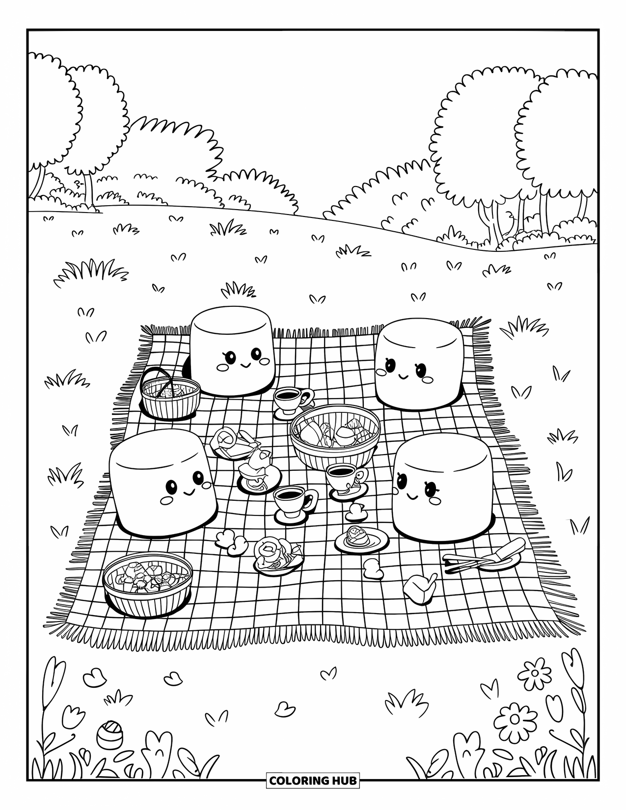 Marshmallow Coloring Page for Adults: Marshmallow friends enjoy a picnic with treats and tea in a meadow