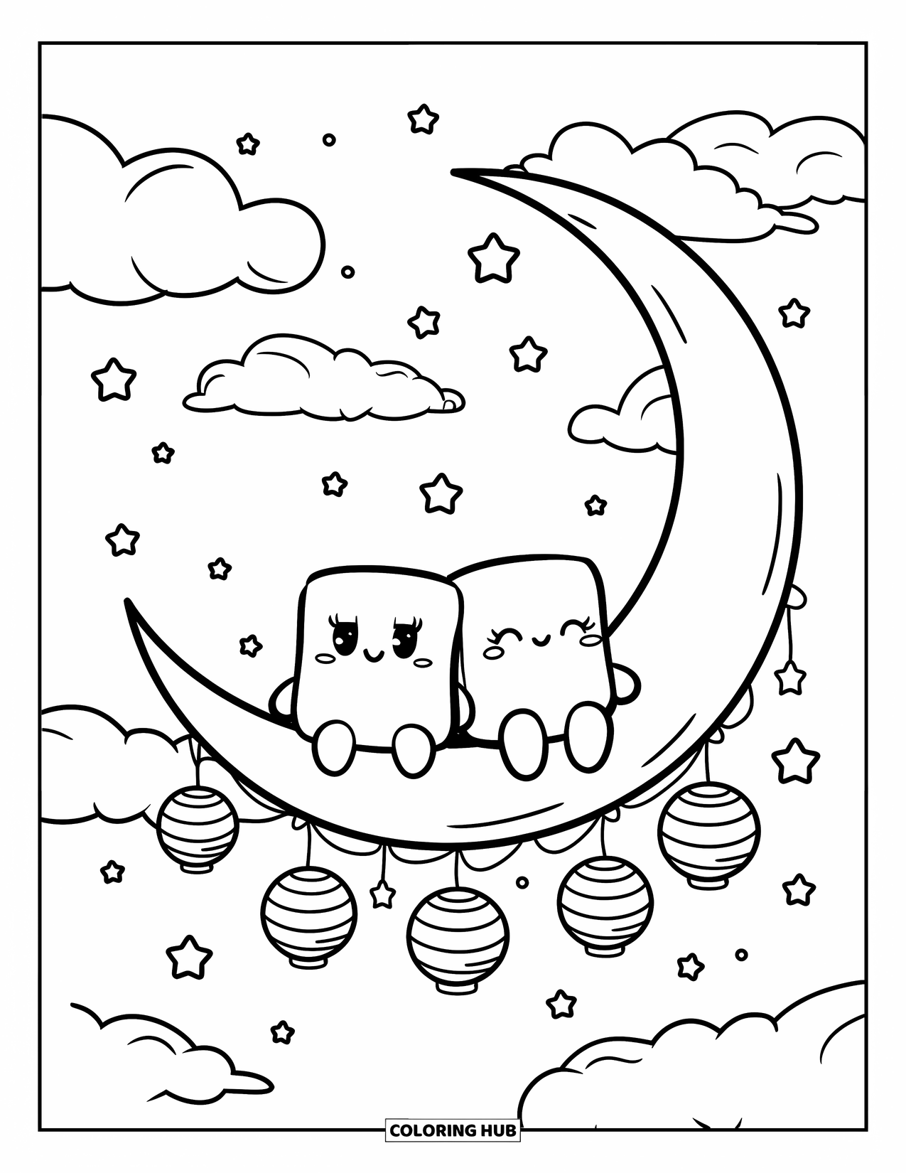 Marshmallow Coloring Page for Adults: Marshmallow friends sit on a moon surrounded by stars and soft clouds