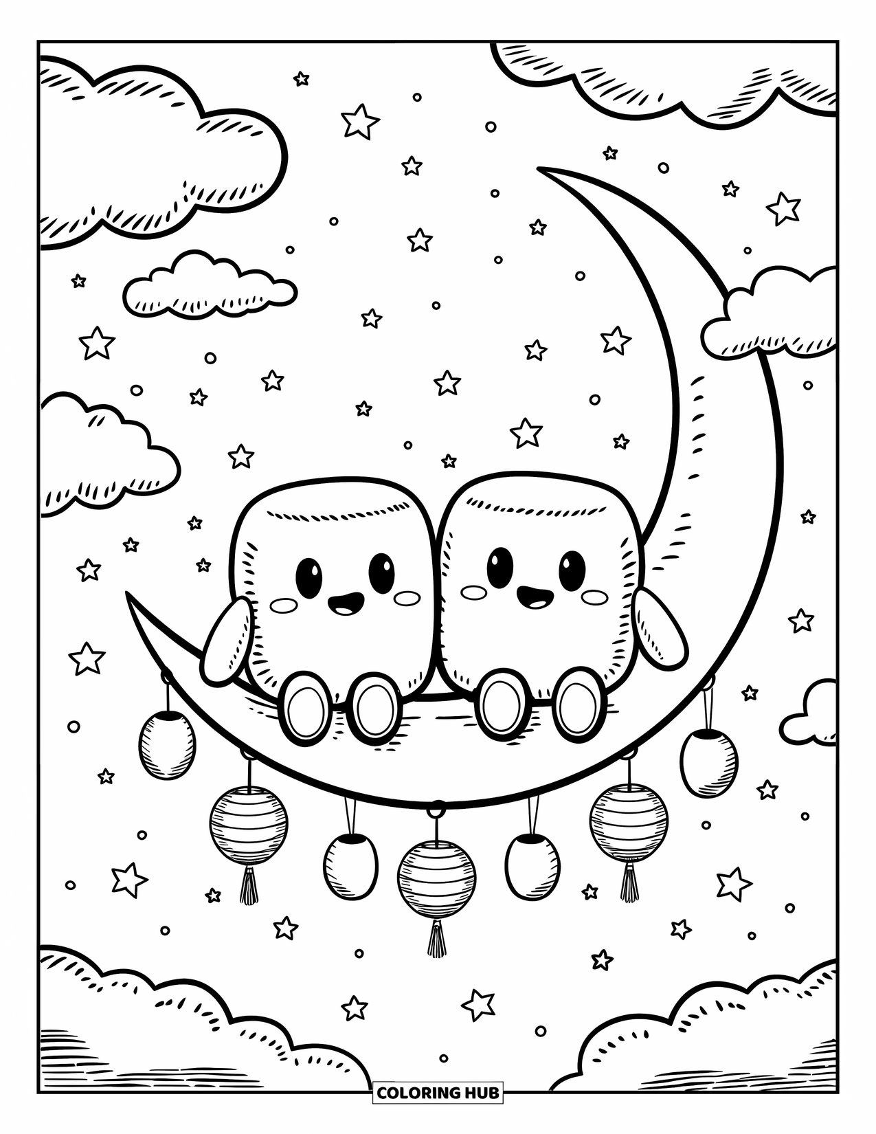 Marshmallow Coloring Page for Adults: Marshmallows rest on a crescent moon among clouds and glowing lanterns