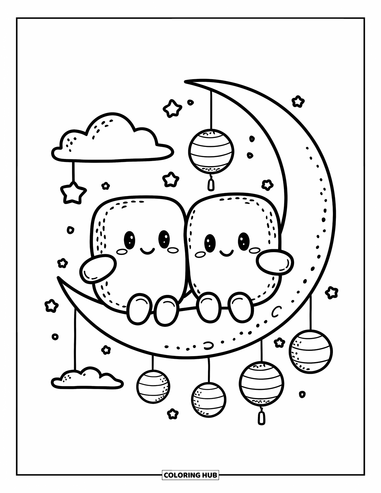 Marshmallow Coloring Page for Adults: Two marshmallows relax on a crescent moon under a dreamy night sky