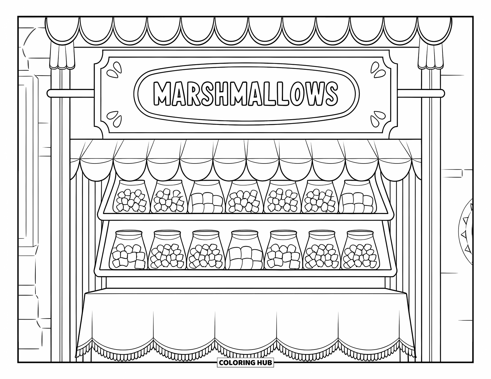 Marshmallow Coloring Page for Kids: A candy shop shelf displays jars of marshmallows under a "Marshmallows" sign