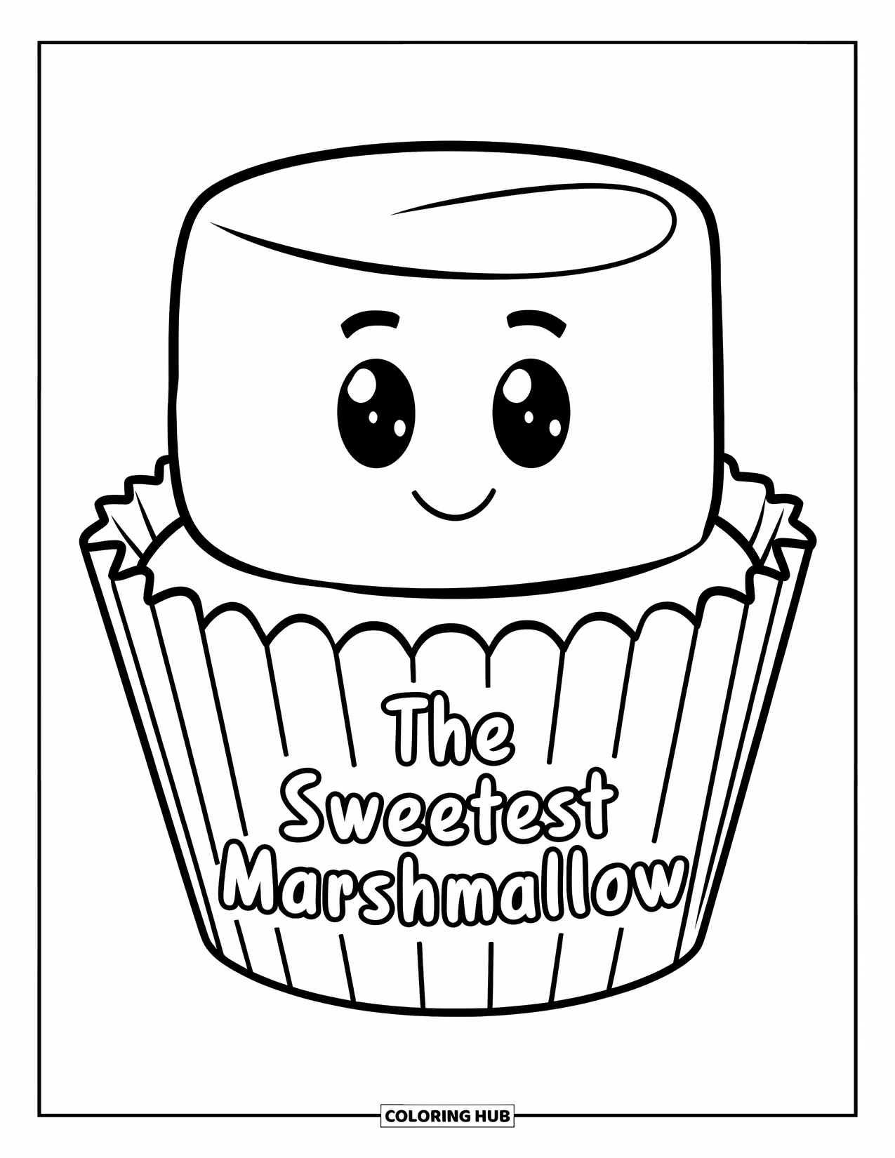 Marshmallow Coloring Page for Kids: A cheerful marshmallow in a cupcake wrapper sits on a plate with the words "The Sweetest Marshmallow"