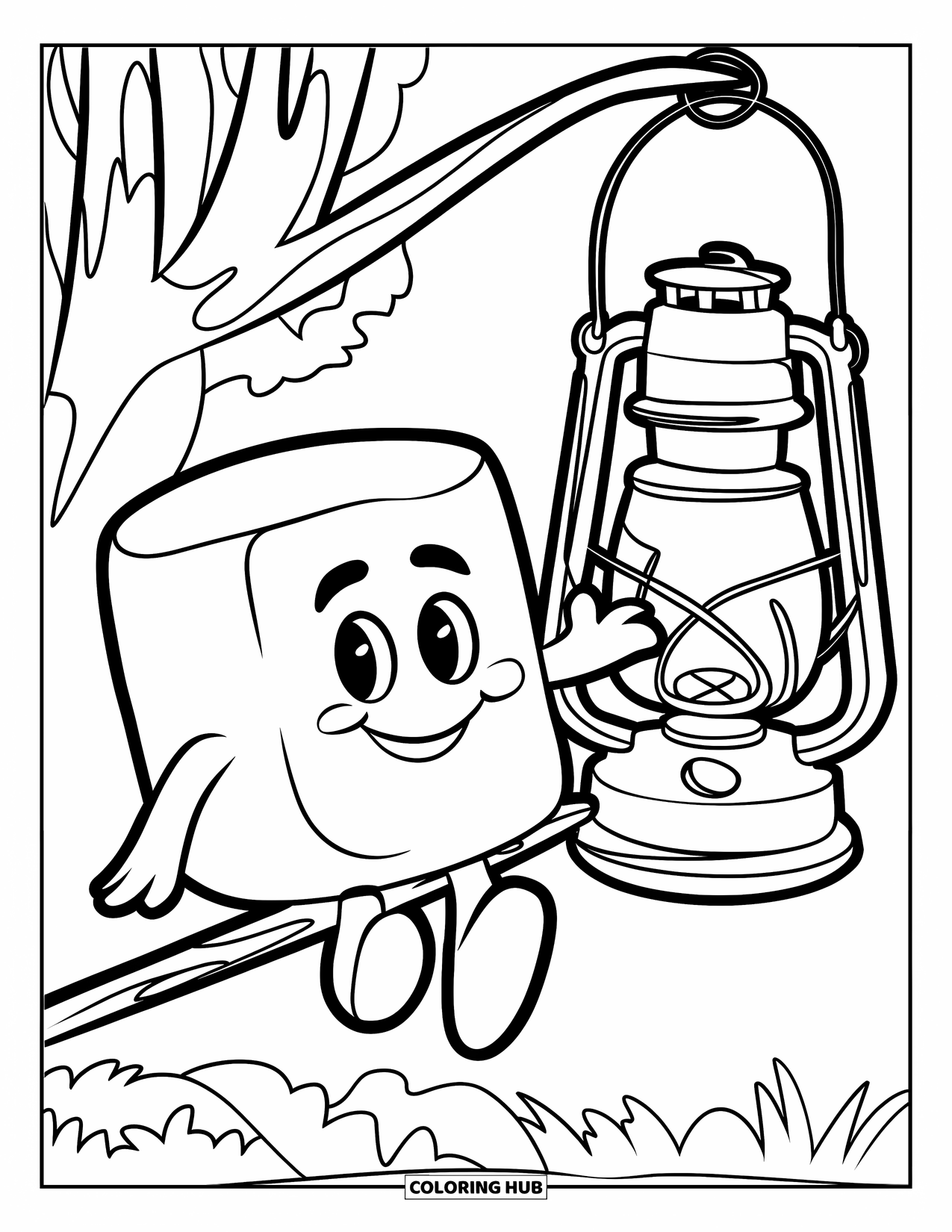 Marshmallow Coloring Page for Kids: A cheerful marshmallow waves beside a lantern in the woods